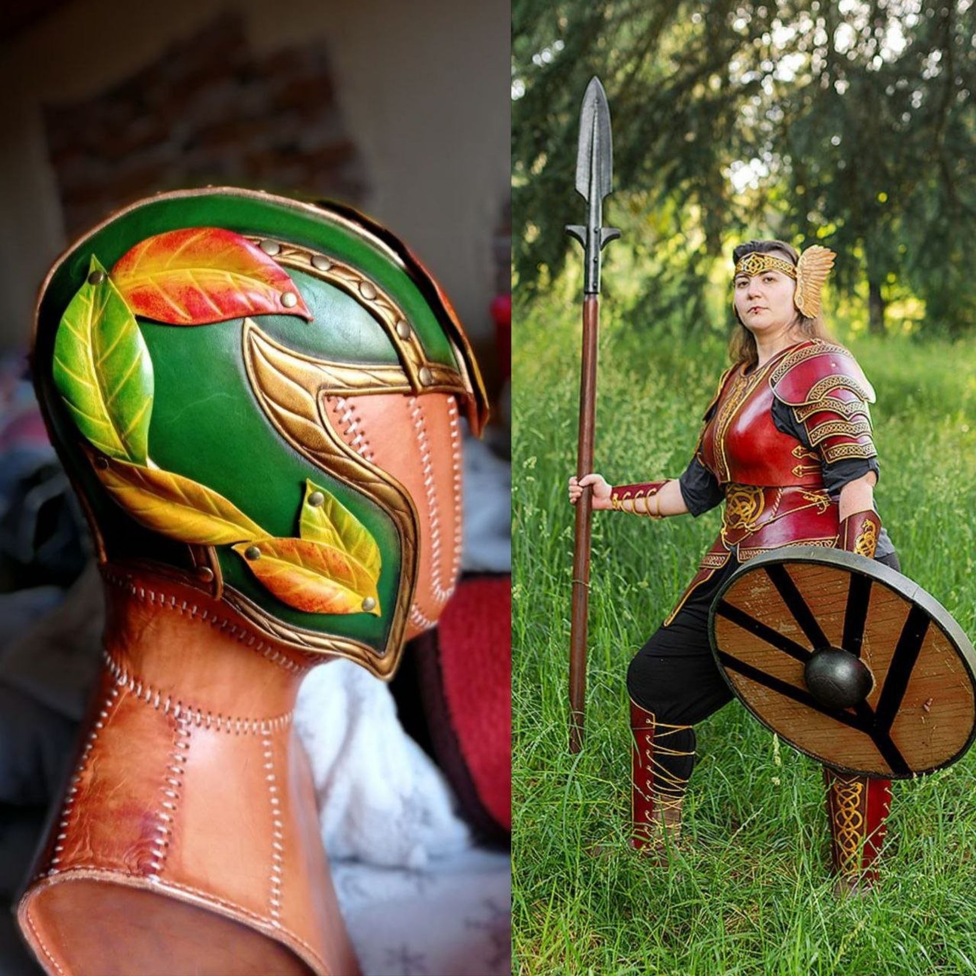 Two pics in vertical. The first shows the right side of a green and golden fantasy leather helmet, with border decorations, protection for the cheeks but not the rest of the face and some leaves made with modelled leather and painted in diferent colours; the helm is on a head mannequin made of leather too.
The second pic is a woman wearing a red and golden leather armour (cuirass, corset, pauldrons, tassets, bracers, greaves and a winged tiara, all decorated with viking inspired knots and filigrees), a viking spear and a round shield