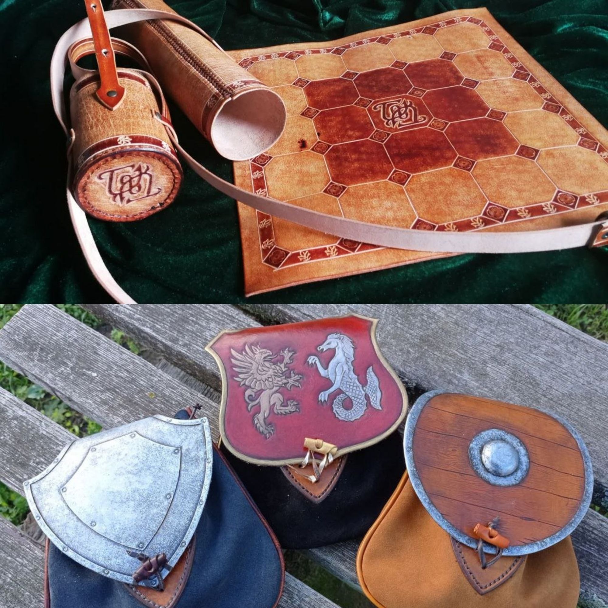 Collage of two horizontal pics. The first is a cilindric case with a cap and a long strap, and an square board game Tak, from the novel The name of the wind. Decorated with leaves a flowers motifs, the Tak logo in the center of the board and the top of the cap and in different tones of brown.
The second are three sporran bags with lids crafted as medieval shields: a simple steel triangular shield, a viking one textured with the wood planks and a noble coat of arms in red with a bronze griffin and a silver hippocampus carved in the leather