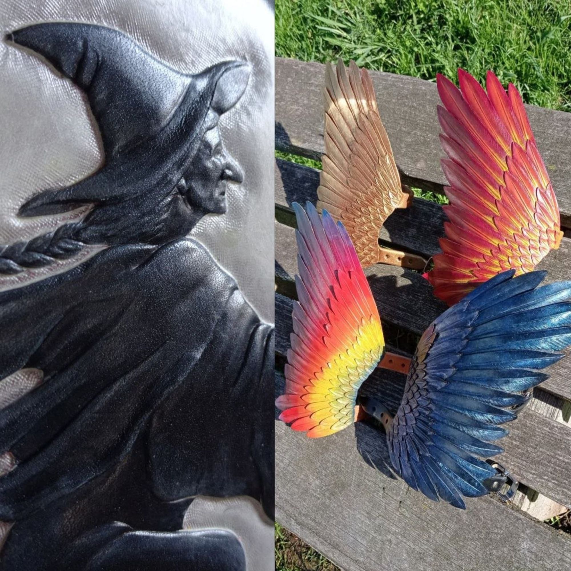 Collage of two vertical pics. The first is a very close photo to a leathercarving, the face and torso of a witch, with a hat, a long braid and a tunic waving, painted in black with some highlights of the volumes embossed, and with the sunlight making the embossed volumes standing up.
The second is a pic of four wing bracers painted differently (golden one, red and yellow like a phoenix other, a rainbow the third and a ravenous blue the fourth), all with feathers textured and undercut to make them look real