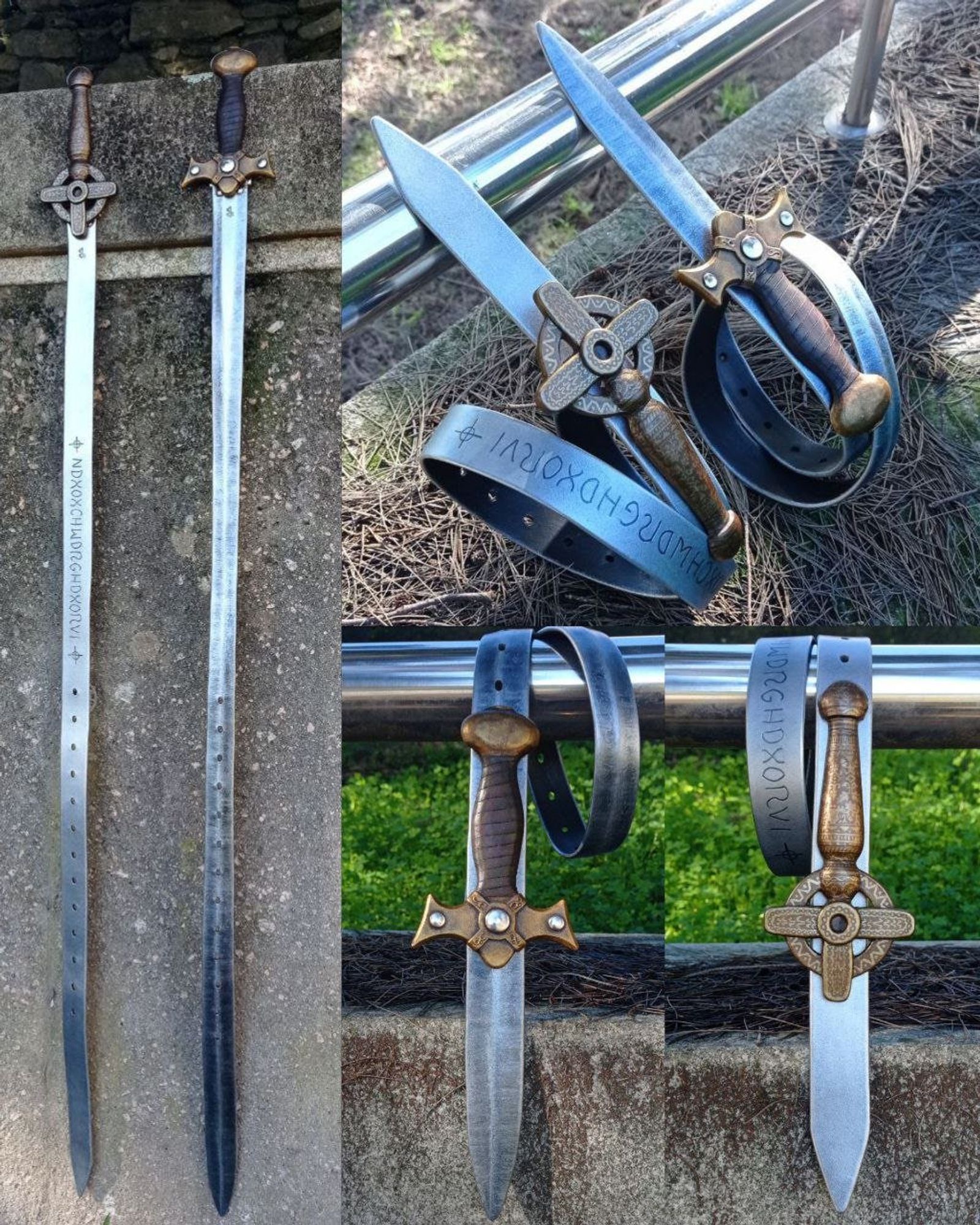 4 pics. At the left, long pic of two belts hanging in a stone wall. They're shaped as swords, the buckle is the handle of the sword and the blade is the strap. The first is the Warrior Nun replic, cross at the guard and a circle around it, dark bronze painted, and a flat silver blade with some letters carved. The second is the Xena replic, golden-bronze guard and pommel, dark brown handle and diamong shaped looking blade, both painted in metallic acrylics, handle carved in several layers of leather glued together and painted aged to pop up the volumes. The second pic show both belts rolled with the point of the strap showing under the handle, buckle clasped and part of the blade at the side; the placing and lightning angle are different to show the glow and relieves, and the taper of the Xena blade, bent in half along the whole lenght. The last 2 pics are each of one wrapped in a metalllic bar at the top of the stone wall, front view,  with the strap point showing under the handles