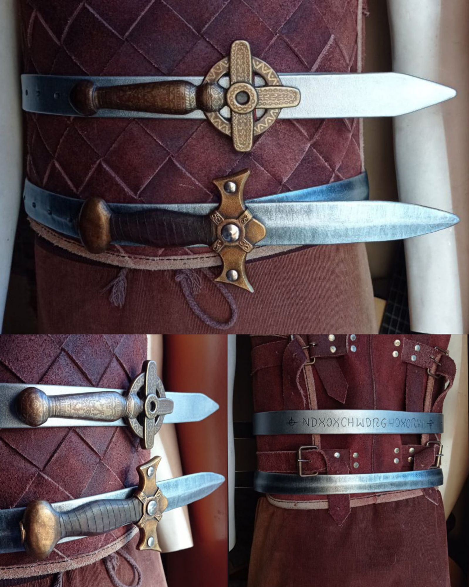 Three more pics of the belts wore by a mannequin on a brown leather cuirass, the cruciform sword above and the Xena replic under it. The first is a front view, the second an angled view from the pommels side and backlightning, and the third is a pic of the back side, where the behind view of the straps: the Xena one with the relief at the long middle of the blade, and the cruciform sword has engraved and inscription between two crosses that says NDXOXCHWDRGHDXORVI