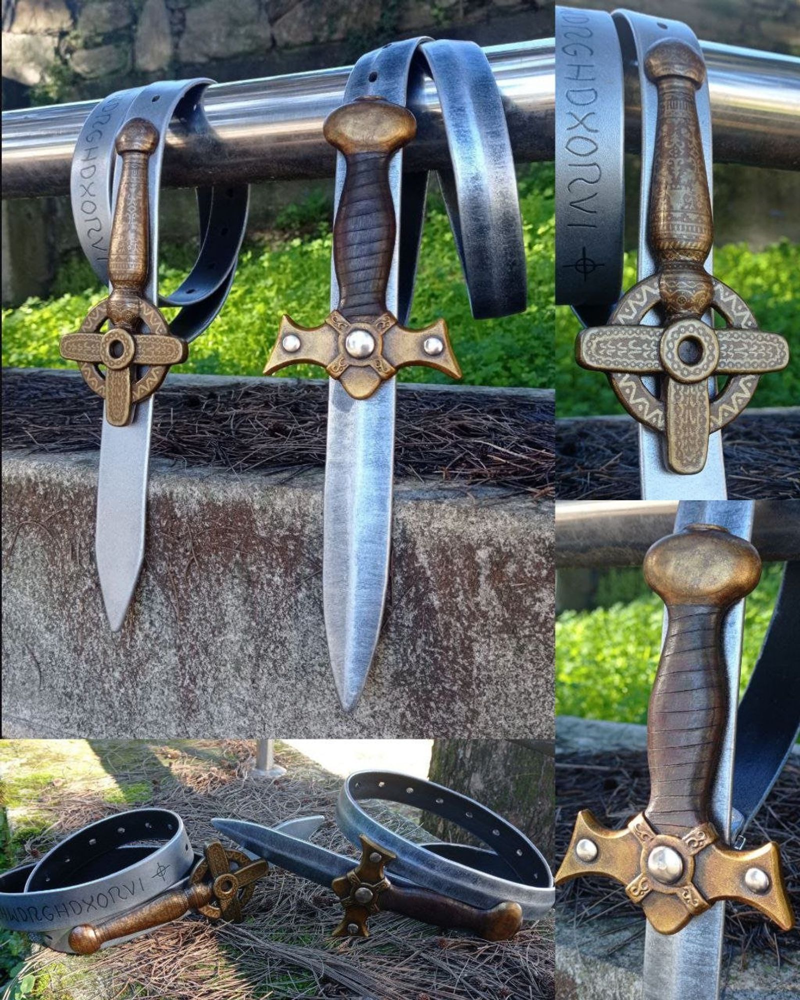 Collage of four more pics. First both belts hanging wrapped around the metal bar, lightly angled to the side, Xena's replic closer than the other. At the right, two detail pics of the handles. the Warrior Nun one with a lot of tiny decorations painted in a lighter bronze in both the guard, the handle and the pommel, and the Xena's one with some decorations embossed at the guard, making it look like the brown area is wrapped in leather lace and some rivets simulating the pāua shells. At the bottom, both belts lying on a stone on their side, facing each other