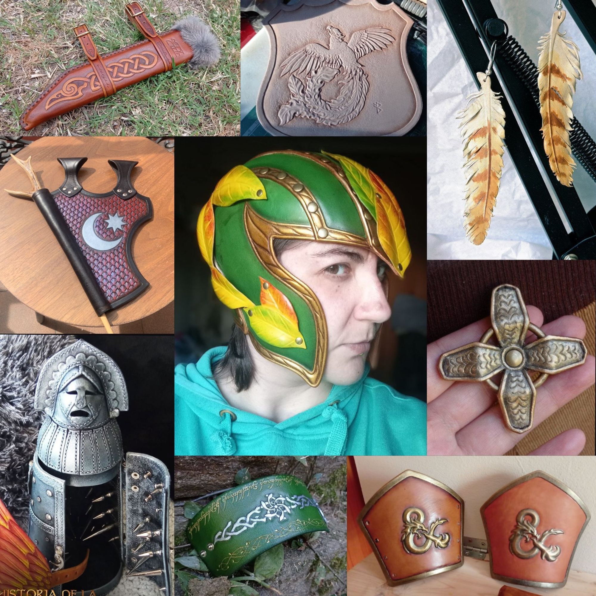 Collage of pics. At the center, a selfie with am elvish helm in green and golden leather and leaves along the sides. The rest of the pics are also leather pieces. A Viking seax sheath with a knot art carved with a raven head in shades of brown, aged and with rabbit hair at the border. A phoenix with open wings and a big tail carved and textured in leather. Owl feather earrings textured and moulded. A black wand sheath to hang on the belt witha silver moon and star carved and red scales that bright in shadows of blue. A tridimensional iron maiden painted in silver and with spikes in the interior to hang jewelry. A LoTR inspired leathercuff in green with silver Nenya and the inscription of the ring and some vines painted in gold. A pair of bracers with the new logo of D&D carved in 3D and painted in bronze