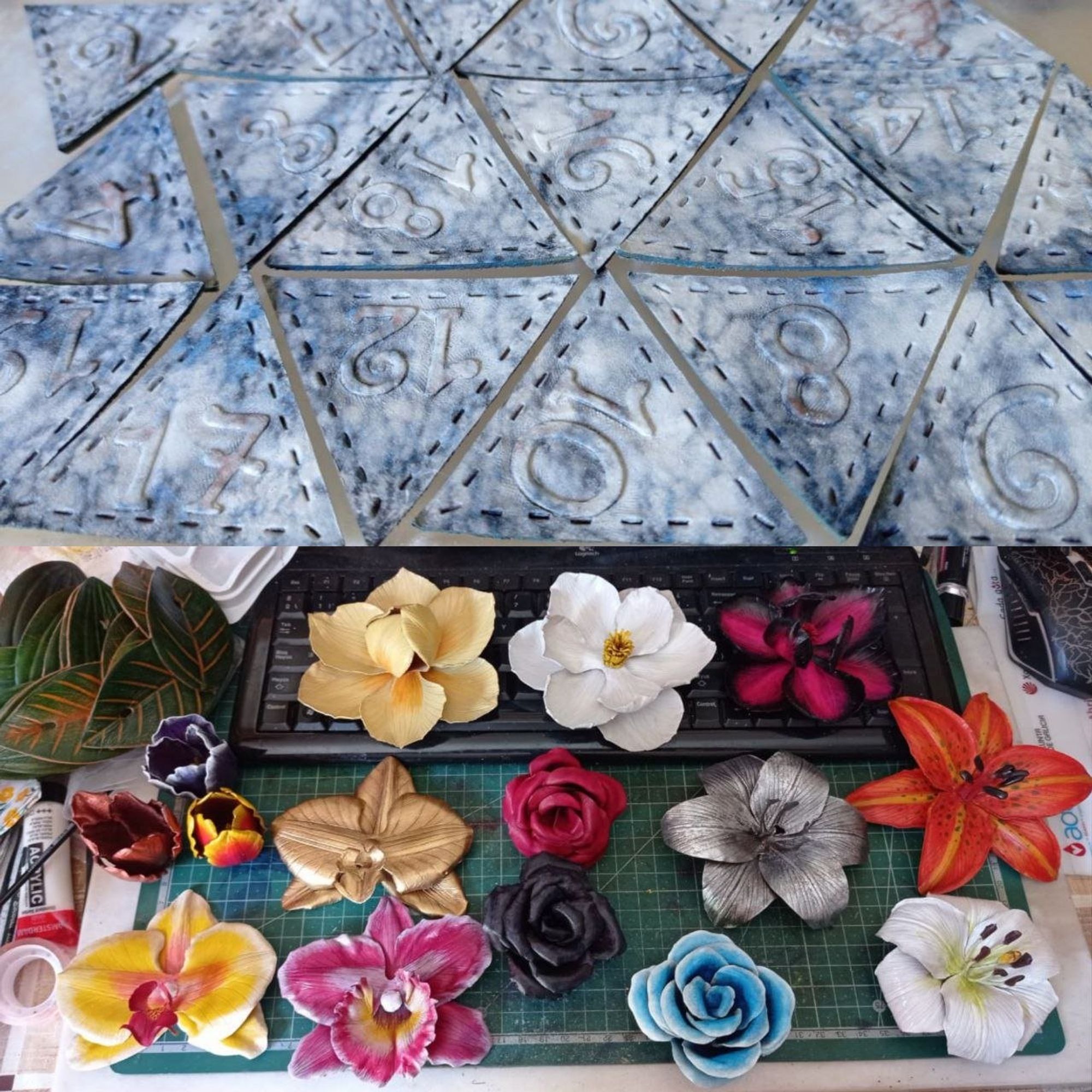 Collage of two horizontal pics. The first is a close up to some triangular pieces of leather perfored through the whole borders and with numbers embossed in the center. They are painted in white, blues and grays making it look like marble.
The second are 15 flowers (tulips, orchids, magnolias, lillies and roses) modelled from leather and painted in different colours (from realistic flowers to fantasy combinations of colours and even metallic ones). On the top left corner, some pairs of leaves also modelled in leather