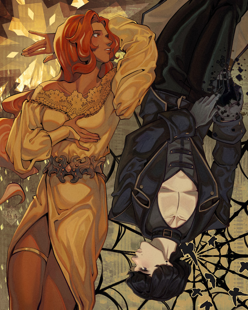 A reversible image of two characters over an abstract magic background. On the left, the character has long red hair with pale streaks, dark tan skin, and is wearing a lacy golden dress with an open side revealing their legs. They have golden magic behind their fingertips. On the right, the other character has short black hair, pale white skin, and is wearing a black coat and open-chested vest. They have black shadow-like magic coming from their palm.