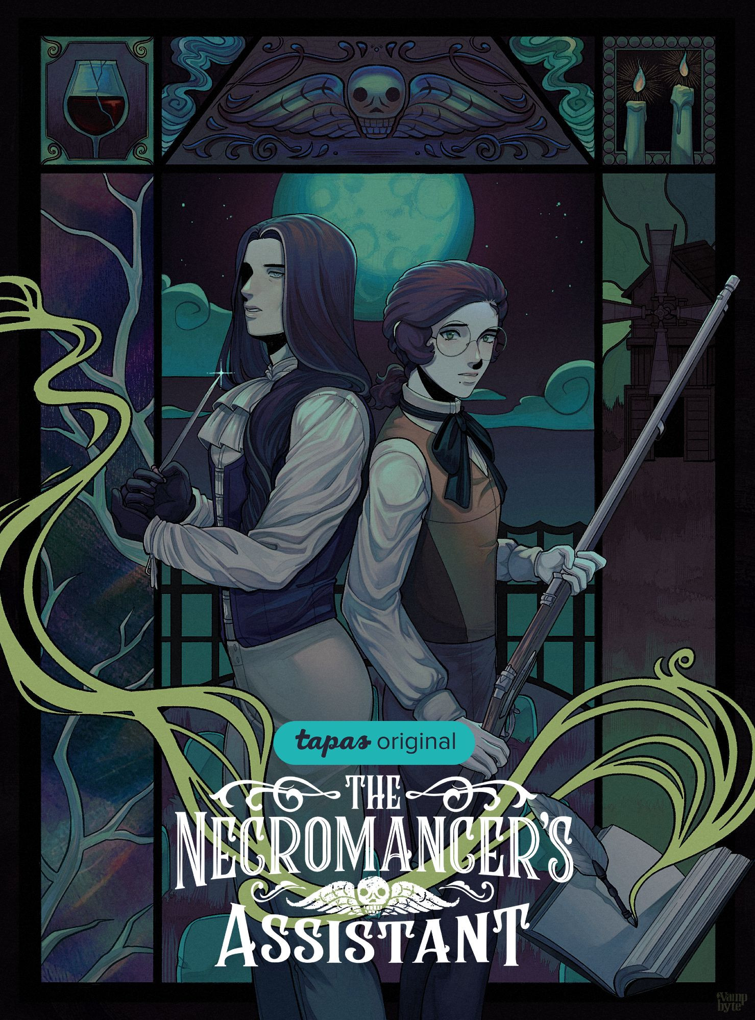 An art-nouveau inspired cover for the webcomic series, The Necromancer's Assistant. Features two men in the center, back-to-back while facing the viewer, over a collage background of a cemetery. The man on the left is taller, with long, dark hair with one gray streak. He is wearing a vest and cravat, and has a dagger pointed up at himself. The man on the right is shorter, with curly brown hair tied into a ponytail with a ribbon. He is wearing a vest and ribbon, and is holding a large rifle in both hands.