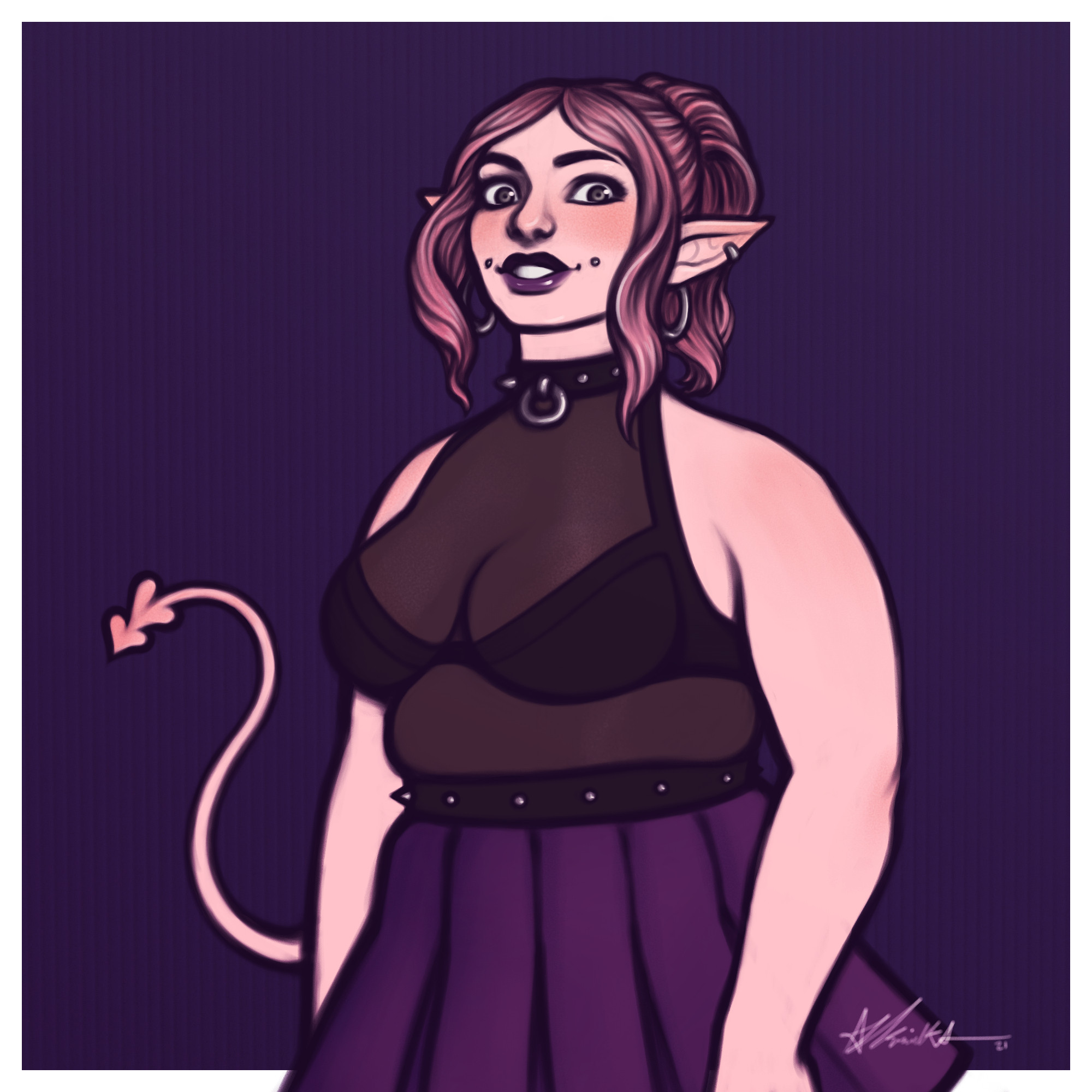 A waist-up flat-color illustration of Celda, a pale pink-skinned cambion with pink hair, pierced pointed ears, a tail with a double-spade tip, and dimple piercings. 
She is wearing a mock-neck sheer black halter tank with a built-in black bra that is tucked into a short pleated purple skirt and secured with a black spiked belt that complements the spiked collar over the neck of her shirt.