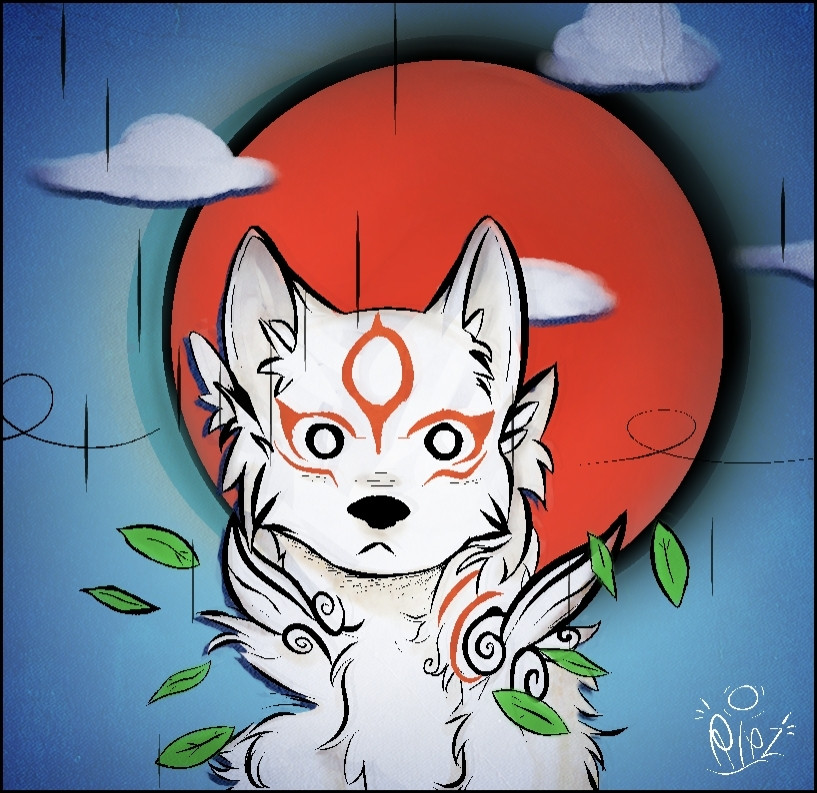 Amaterasu staring at the screen with the brightness of the sun and falling leaves flowing past her. Reality is still beautiful, even to a god.