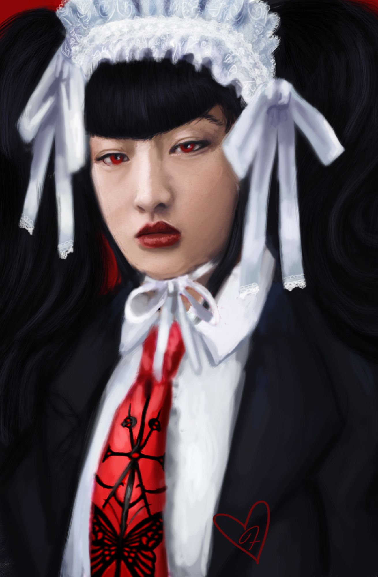 bust realistic painting of an asian woman (character celeste ludenberg from danganronpa), she is dressed in a suit with a lolita white ruffle headdress in white with two big bows, she has black hair and two pigtails and bangs, a red tie and a black suit/coat