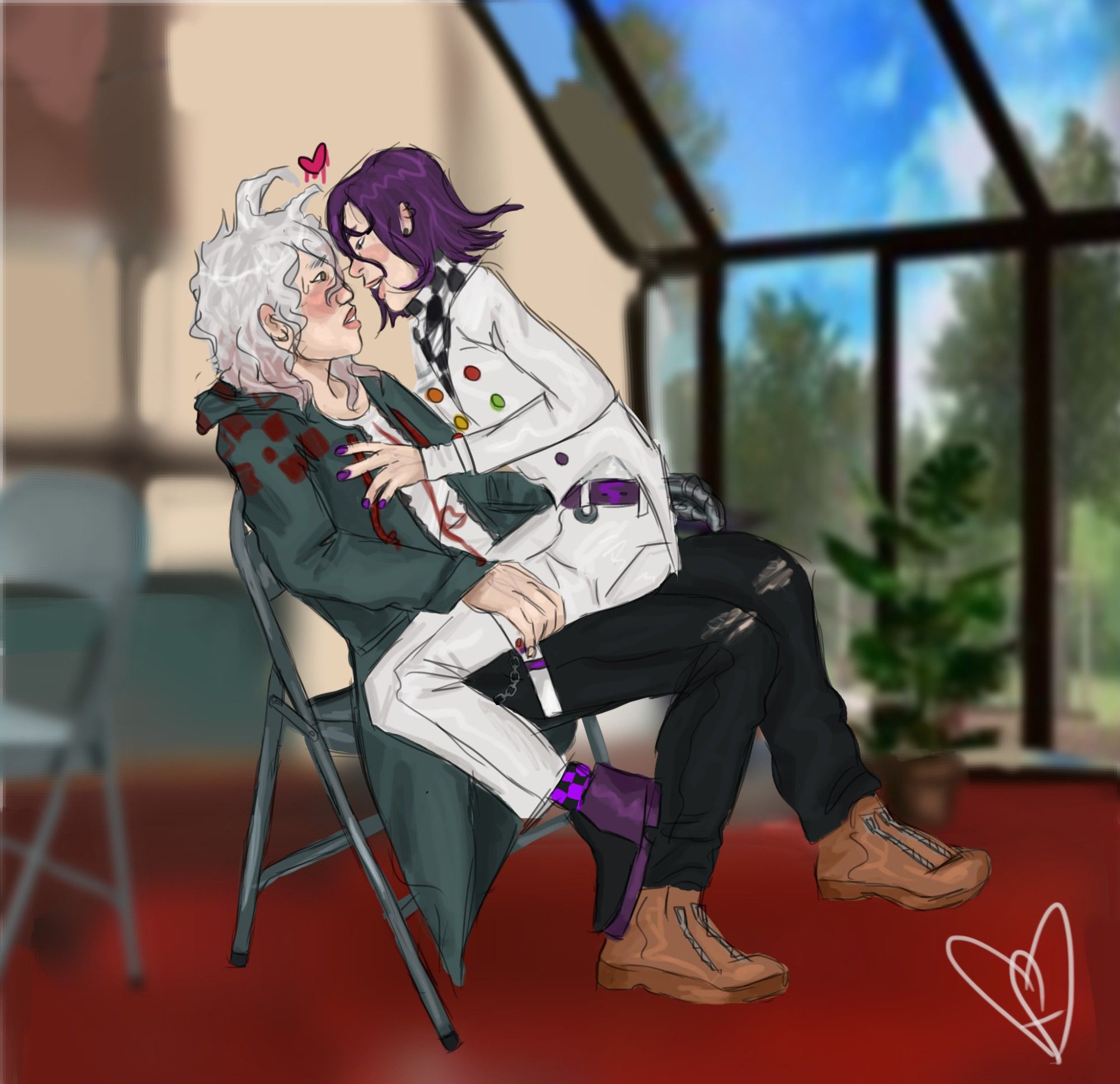 kokichi ouma sitting on bagito komaeda's lap  
Kokichi wears white pants and coat with rainbow colored buttons, a purple belt and purple checker socks, black and purple boots andpurple hair. Komaeda wears a green coat with red accents and black jeans  and brown boots with zippers, they are sitting on a dining hall chair