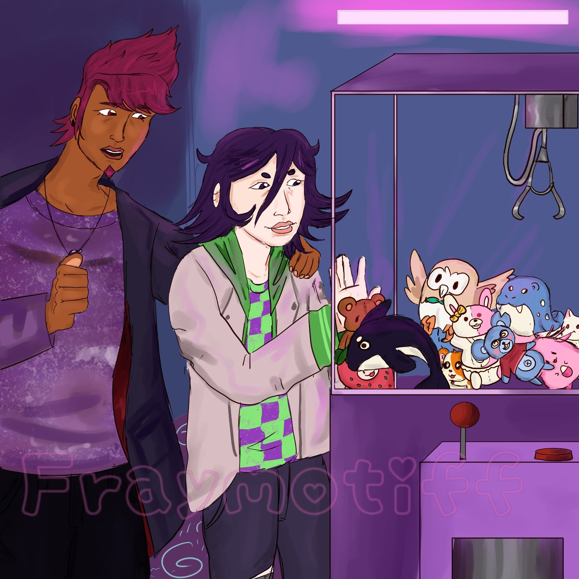 drawing of kokichi ouma and kaito momota on an arcade, kokichi has one hand on the glass of a claw machine smiling mischieviously, kaito is in an optimistic pose. Kaito wears a dark blue/navy almost black coat with red lining and black pants, space patterned shirt and saturn necklace, Kokichi wears teared up black jeans, a neon purple and green checkered shirt, and a  grey and green coat, the claw machine is dark purple, and has several plushies inside it