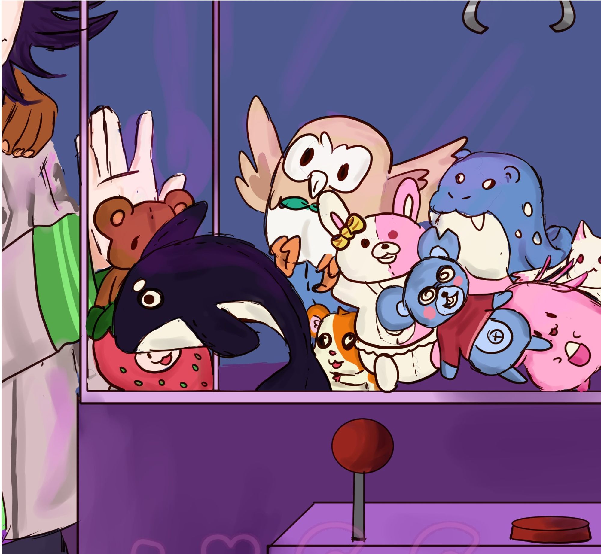 zoom of the claw machine plushies, there is a bblue rat wearing a red shirt one ( from miu irumas design from danganronpa ), a chansey pokemón plush, a kyubey plush, pokémon spheal plush, a monomi plush (danganronpa), a hamtaro plush, a strawbery with a bunny face, a 
 brown teddy bear and an orca plush from danganronpa gifts.