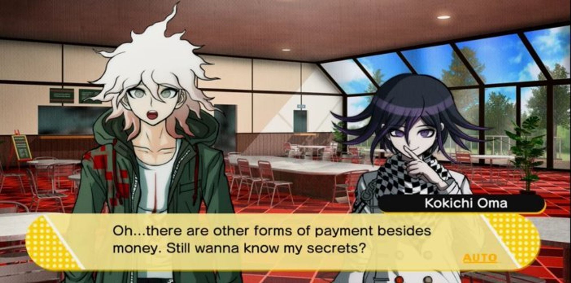 kokichi ouma and nagito komaeda and kokichi ouma danganronpa extras screencap, Kokichi says:
"oh... there are other forms of payment besides money. Still wanna know my secrets? in a yellow speech bubble. They are in the hopes peak academy cining hall that has red tiled floor and a long table full of foldable chairs, there is a huge window on the side floor to ceiling