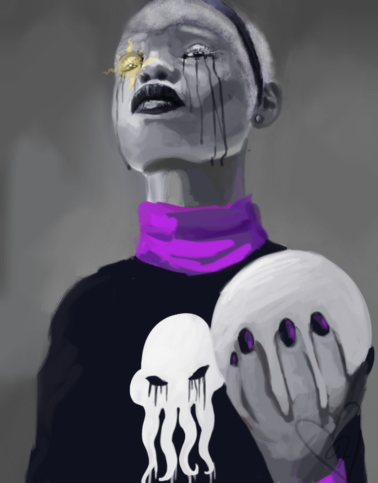 Rose lalonde in her grimdark from, she has grey skin and white hair, is crying black tears and is holding a white globe in her right hand, she has nails painted black, black shirt with a purple neckline, and a symbol of an stylized octopus on the chest. A black headband on the head and a sun logo like (light synbol in homestuck) ioverlayayed on her left eye