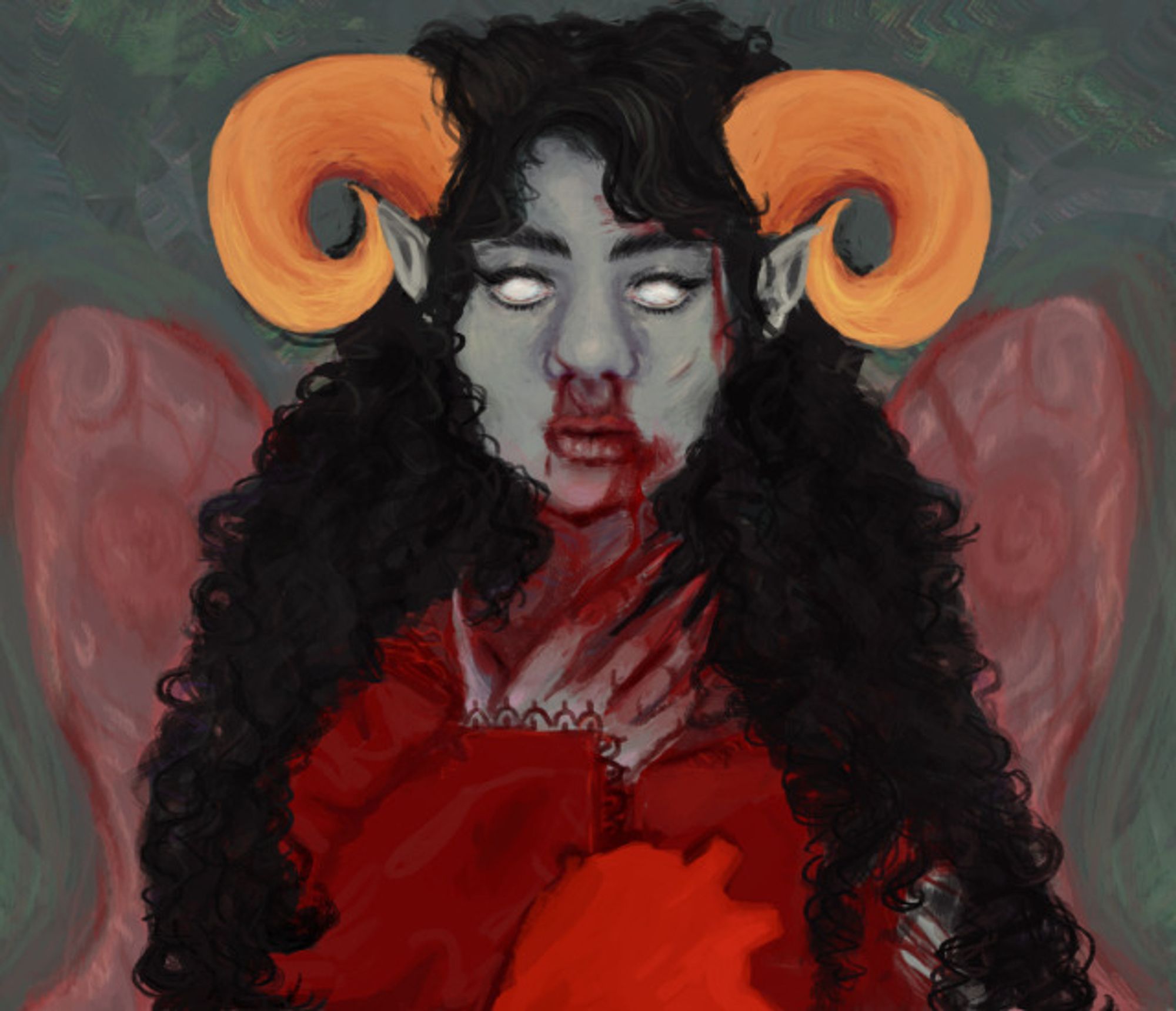 aradia megido from homestuck, she is facing front, with long curly hair, orange  ram horns, and no pupils. She wears winged black eyeliner and is bleeding from her nose. Her clothes are red with the time symbol from homestuck on the front in a lighter tone