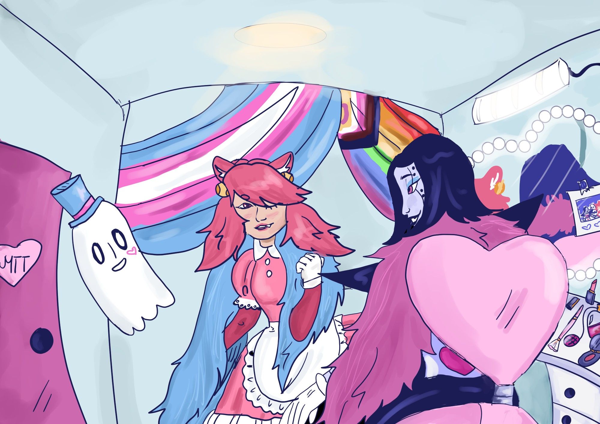 mettaton, mad mew mew and napstablook on a dressing room. The room ahs blue walls and the trans and lgbtq+ flag on the back wall, a pink door with a heart written MTT is on the left. Nearby it napstablook is floating with a heart drawn on his face and a trans flag  colored top hat. On hisw right is mad mew mew wearinga  blue boa. Besides her is mettaton ex sitting on a heart shaped chair with a pink boa. On his right is the dresser with multiple makeup products, a heart shaped irror with multiple lights and a picture polaroid  of the ghost siblings.