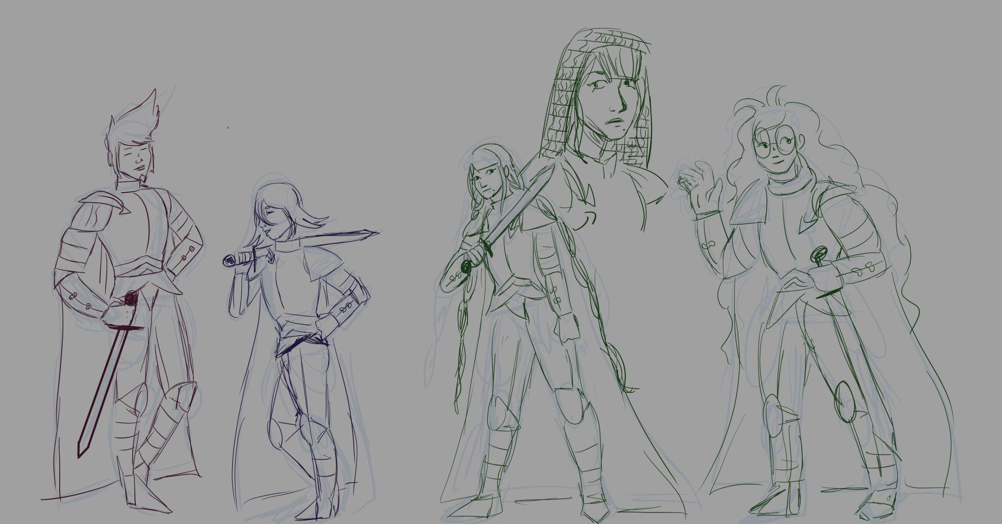 sketches of knight kaito momota,  kokichi ouma, tenko chabashira and gonta gokuhara, they all wield swords. On tenkos part there is a second art of her with a chainmail hood