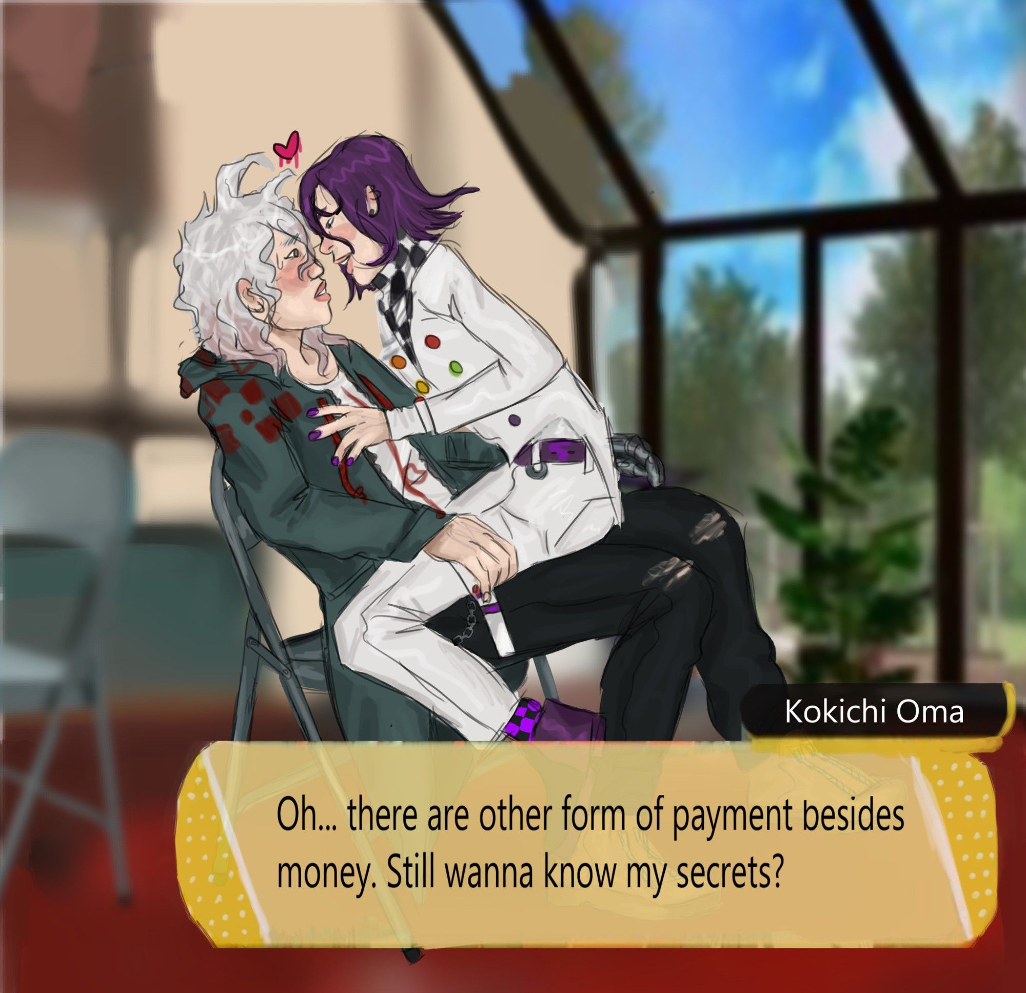 kokichi ouma sitting on bagito komaeda's lap  with a speech bubble from the game in yellow that reads "Oh...there are other forms of payment besides money.Still wanna know my secrets? 
Kokichi wears white pants and coat with rainbow colored buttons, a purple belt and purple checker socks. Komaeda wears a green coat with red accents and black jeans