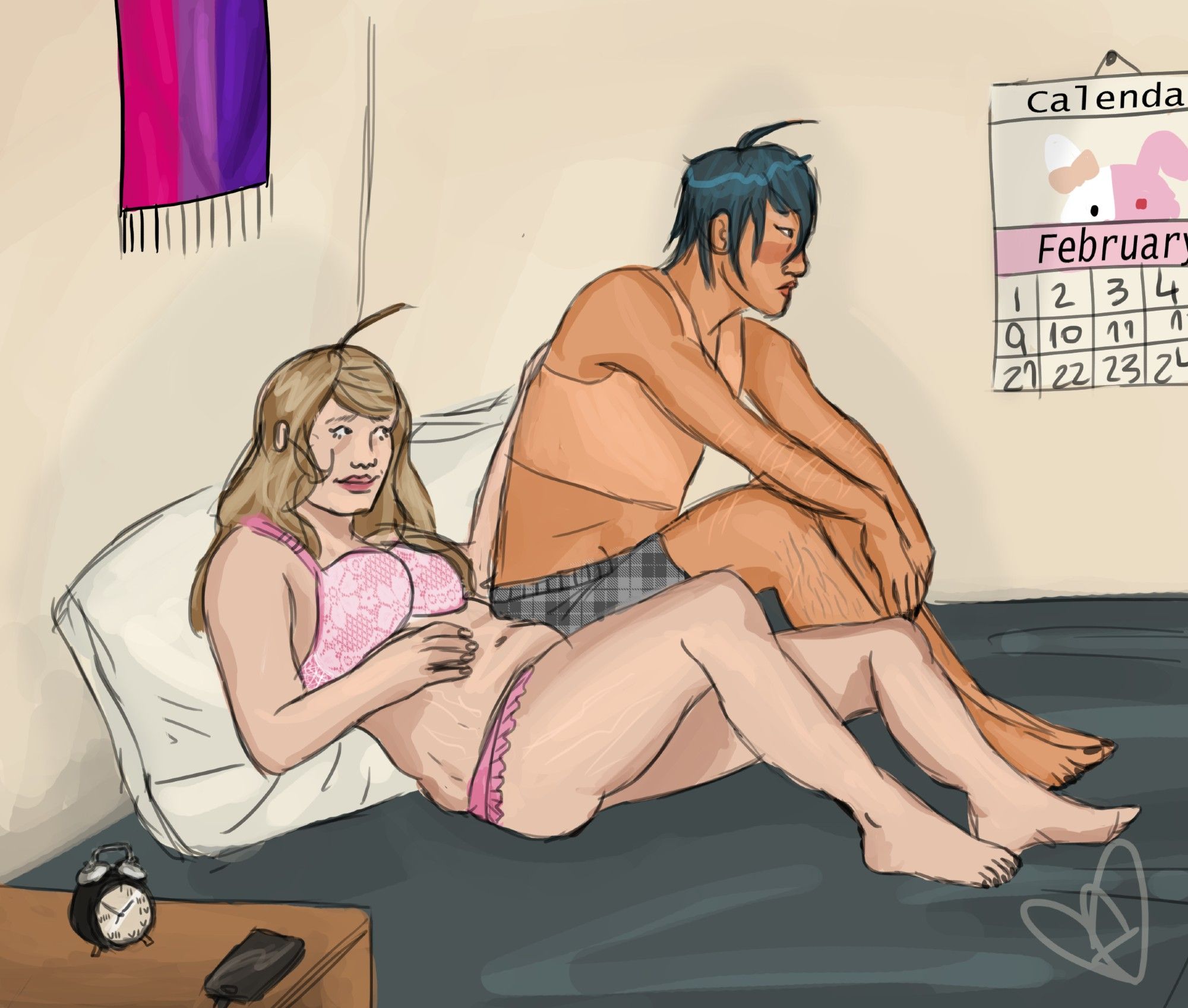 drawing of shuichi and kaede from danganronpa laying on a bed, shuichi is sitting looking to the side and kawde is laying beside him smiling, shuichi is wearing a binder, you can see a monomi calendar on the foreground and a bisexual flag