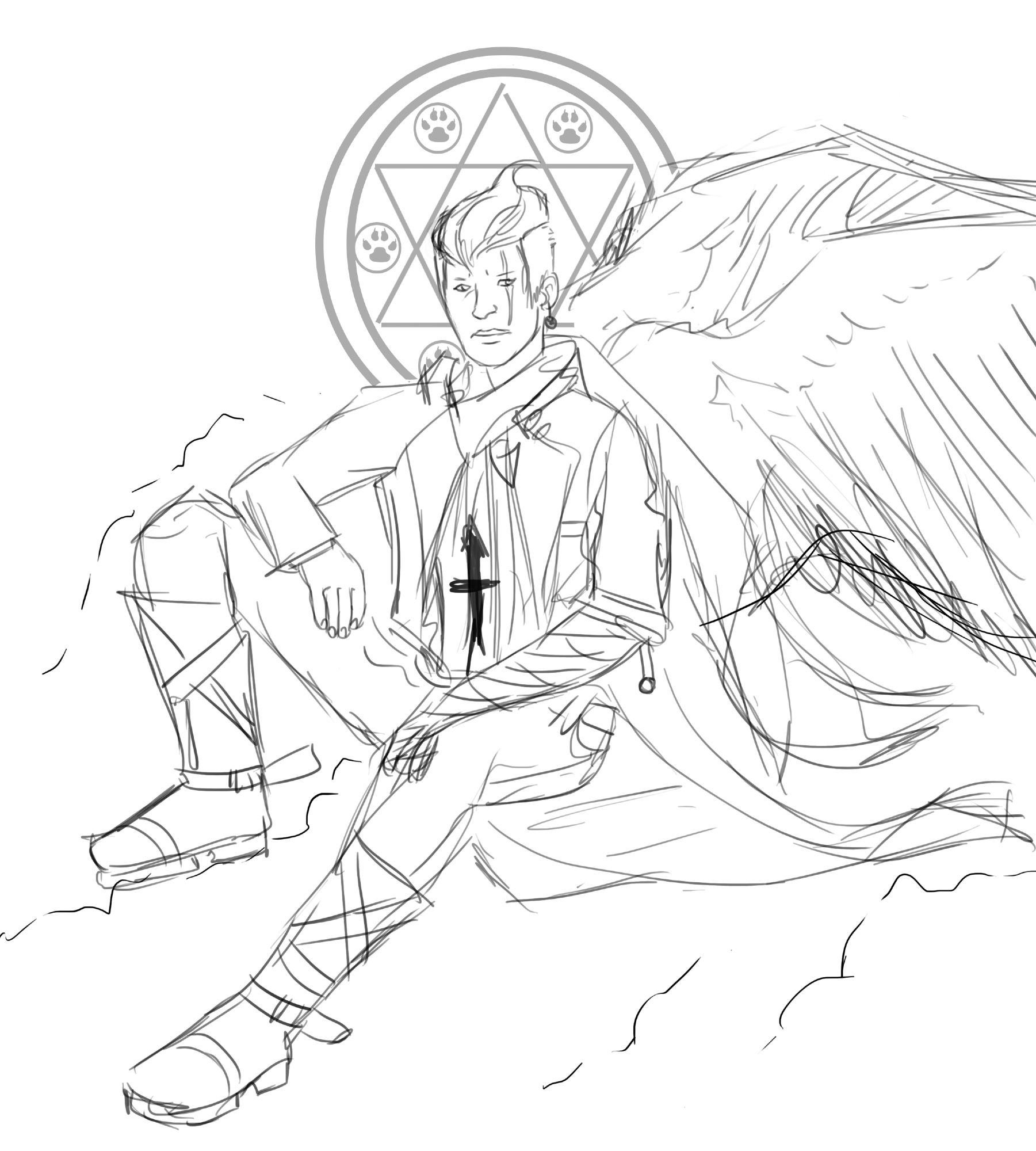 doodle in black lines and white background of gundham tanaka from danganronpa sitting on clouds with angel wings and a halo with a star and pawprints