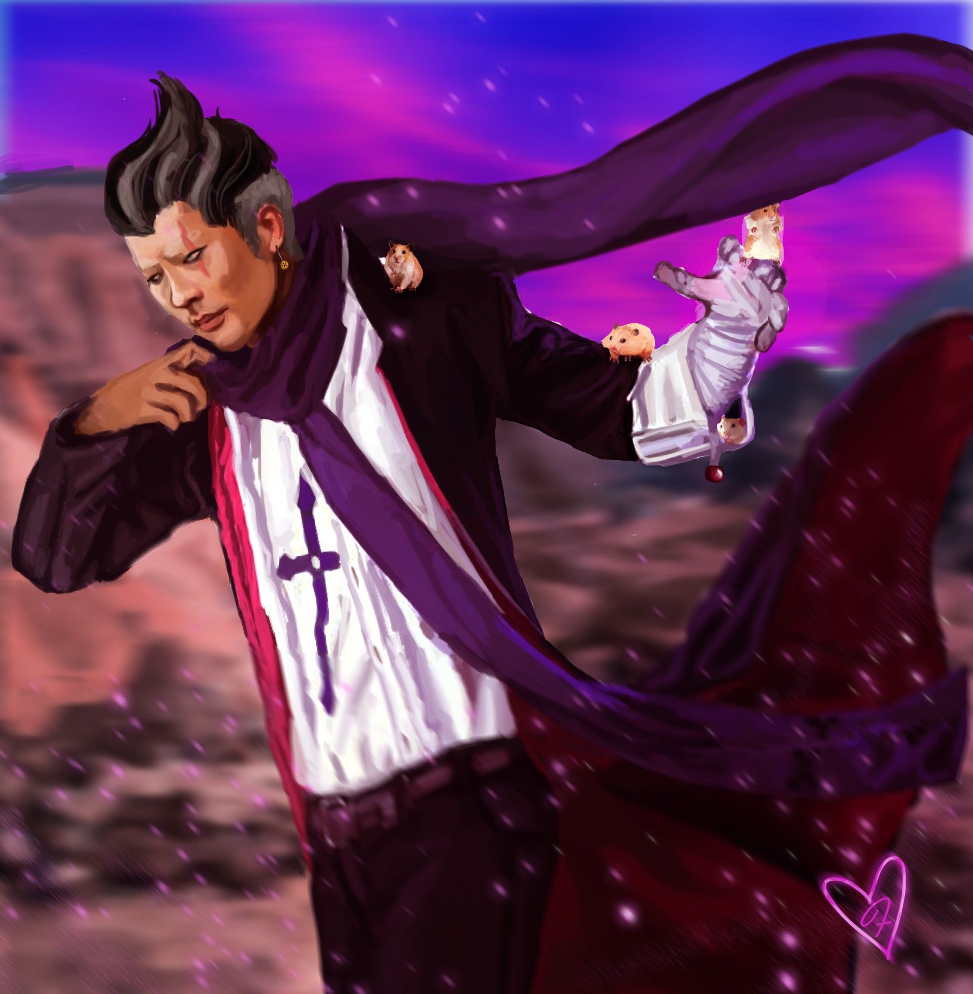 gundham tanaka from danganronpa decipted with brown tan skin, a bçack coat with red lining two white shirts and a purple scarf, he has his left hand raised and his hamsters are hanging out on it, one hidden on his sleeve, he is in a desert with mountains and there are lit purple ashes around him.