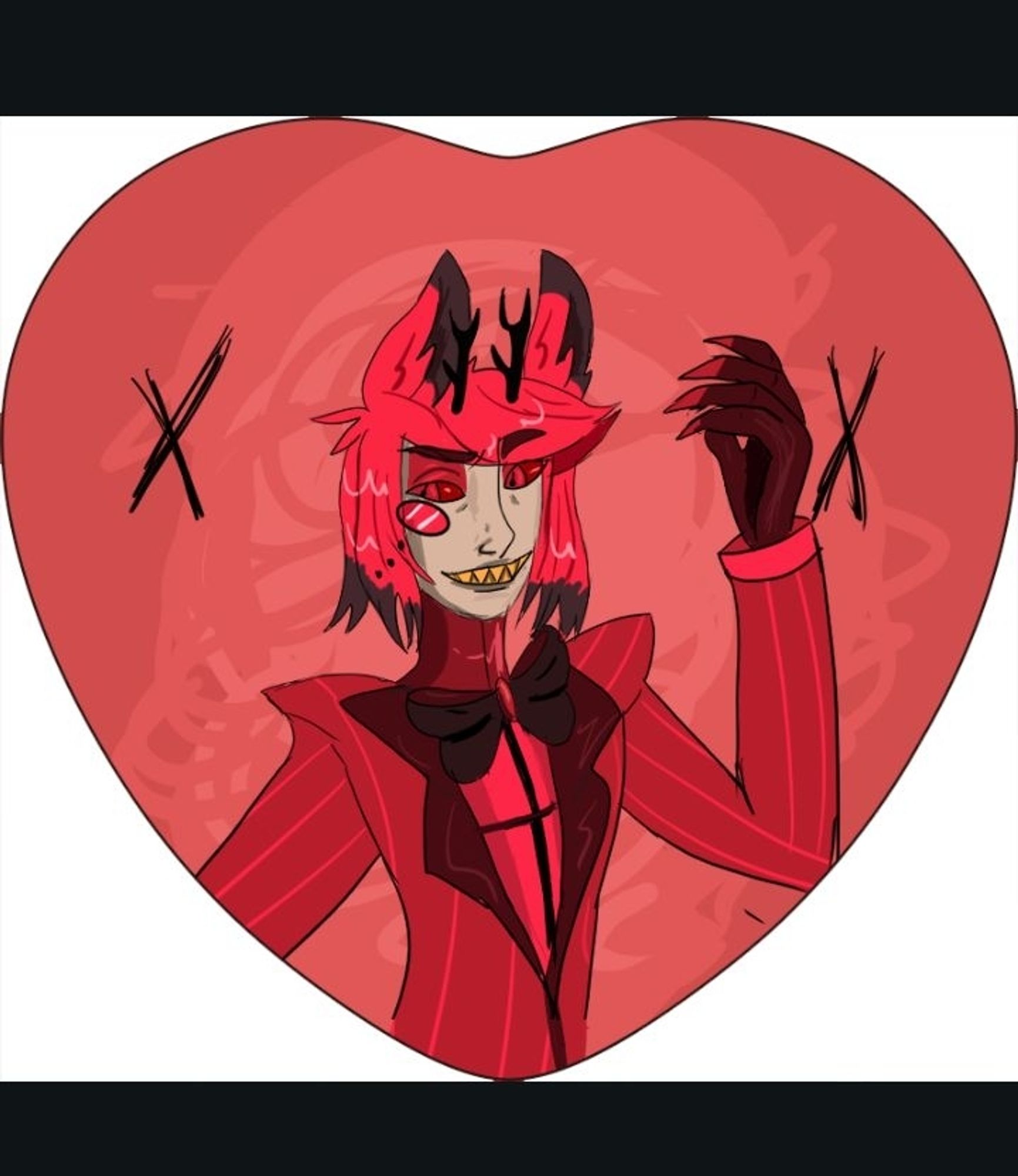 Personagem alastor de hazbin hotel sorrindo  com o braço direito levantado em um fundo vermelho com dois X pretos um em cada lado seu.