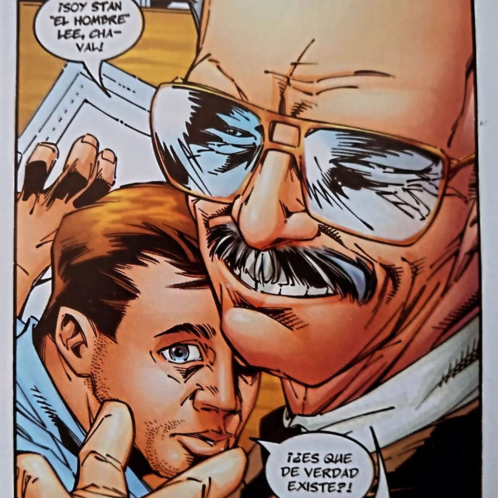 Viñeta del X-Men Minus 1 de Scott Lobdell en la que vemos a Stan Lee en primer plano y, de fondo, a Carlos Pacheco. O, como dice EmeA:

Así imaginó Scott Lobdell el primer encuentro entre Stan Lee y Carlos Pacheco #marvel #xmenminus1 #scottlobdell #carlospacheco #stanlee