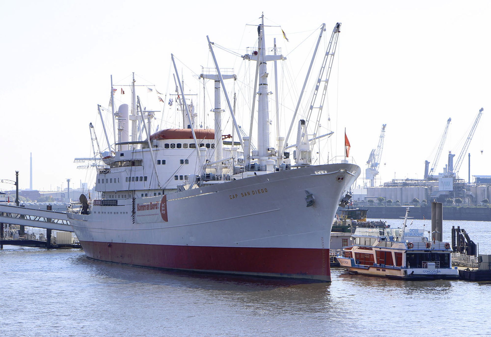 Photo of the Cap San Diego docked at the Überseebrücke in Hamburg.