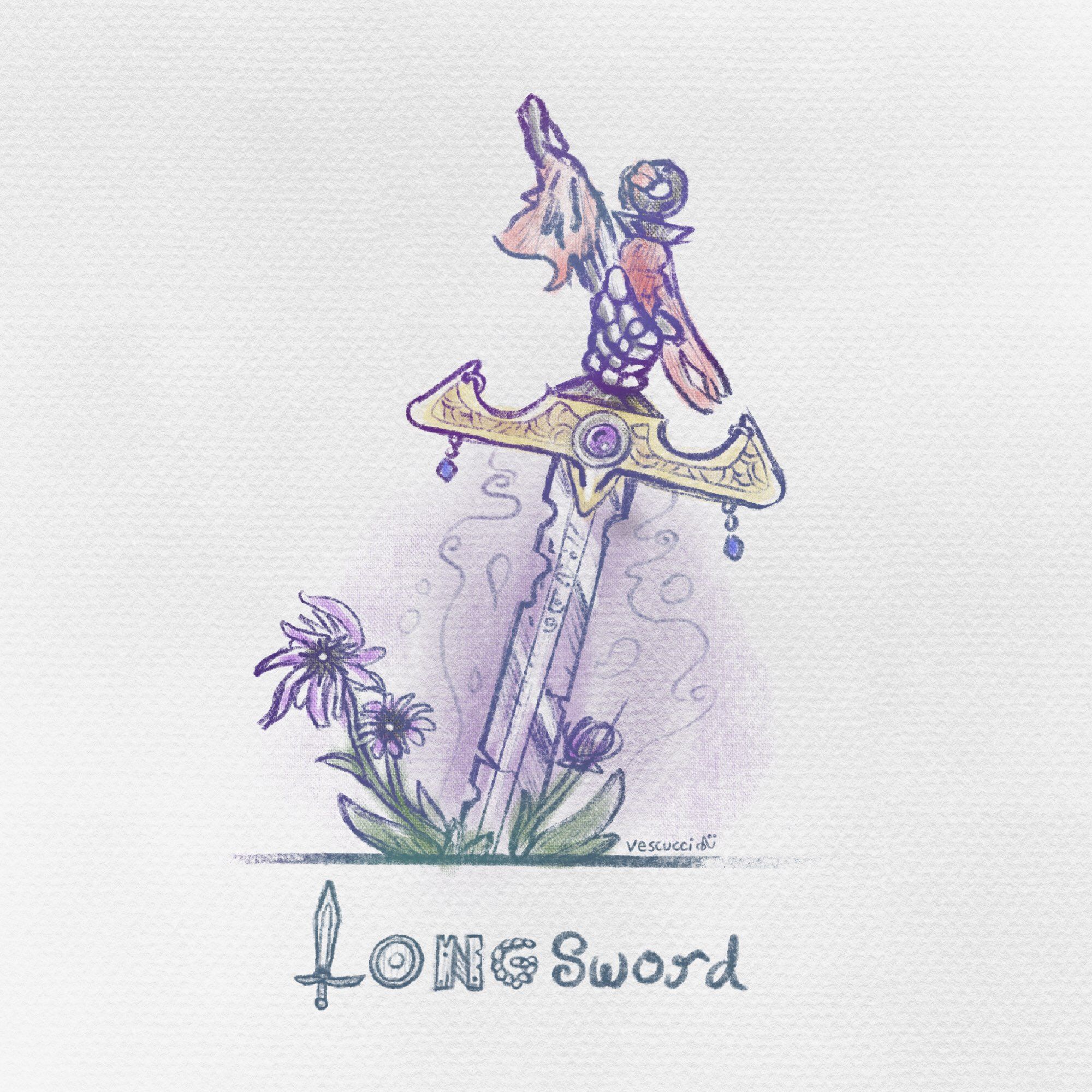 An illustration of an elegantly crafted longsword that has been battle damaged and stuck into the ground still being held by the skeleton hand of its users. The sword is giving off a purple aura and there are a few flowers growing around it.