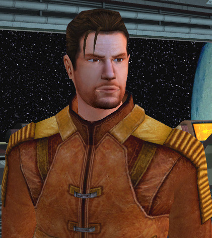 Carth Onasi, a guy with brown hair and semi-bangs. He's wearing an orange leather space suit and standing on the bridge of a spaceship with a window behind him