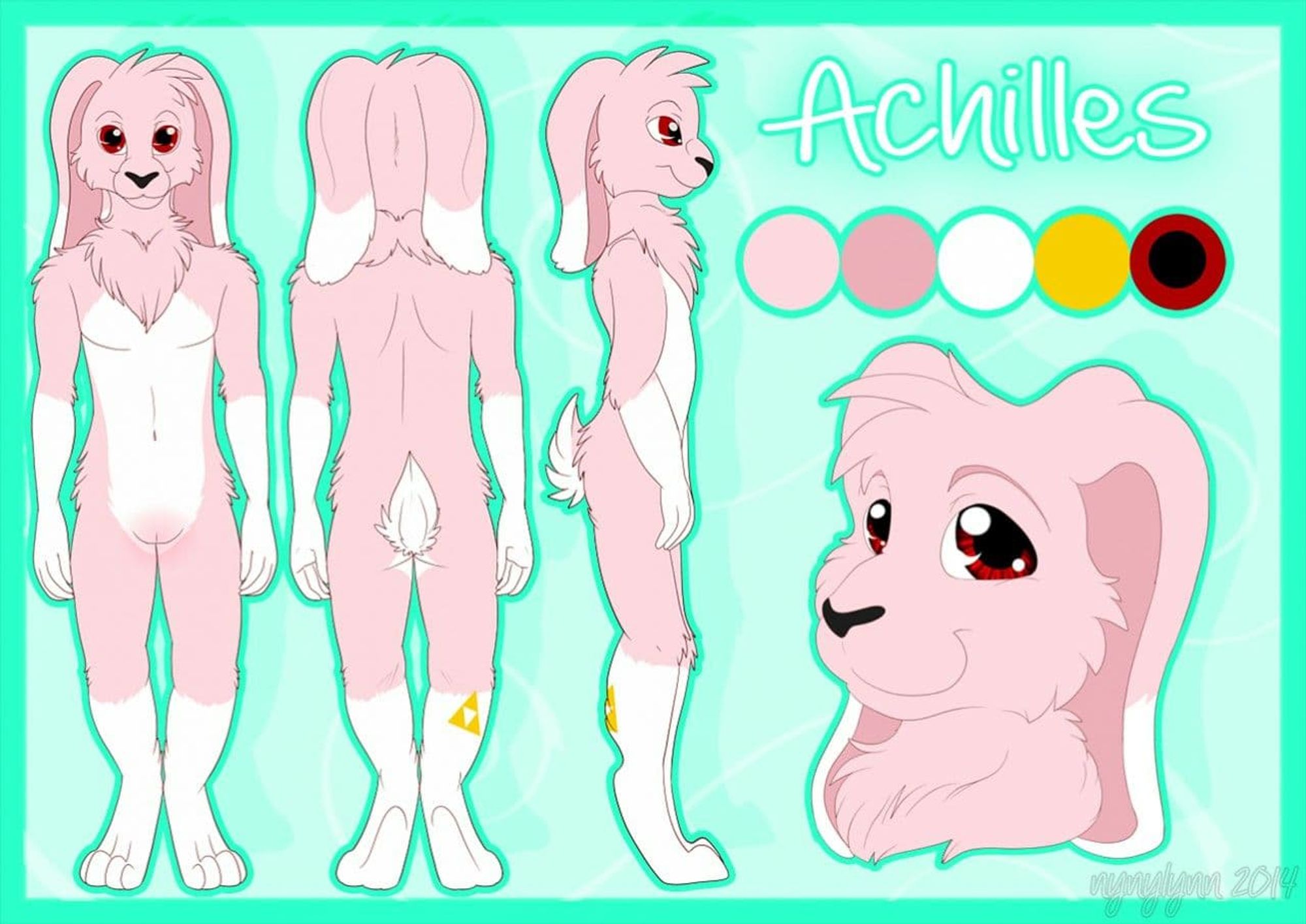 The ref sheet for Jinda's bunny Achilles, a pink and white bunny with red eyes