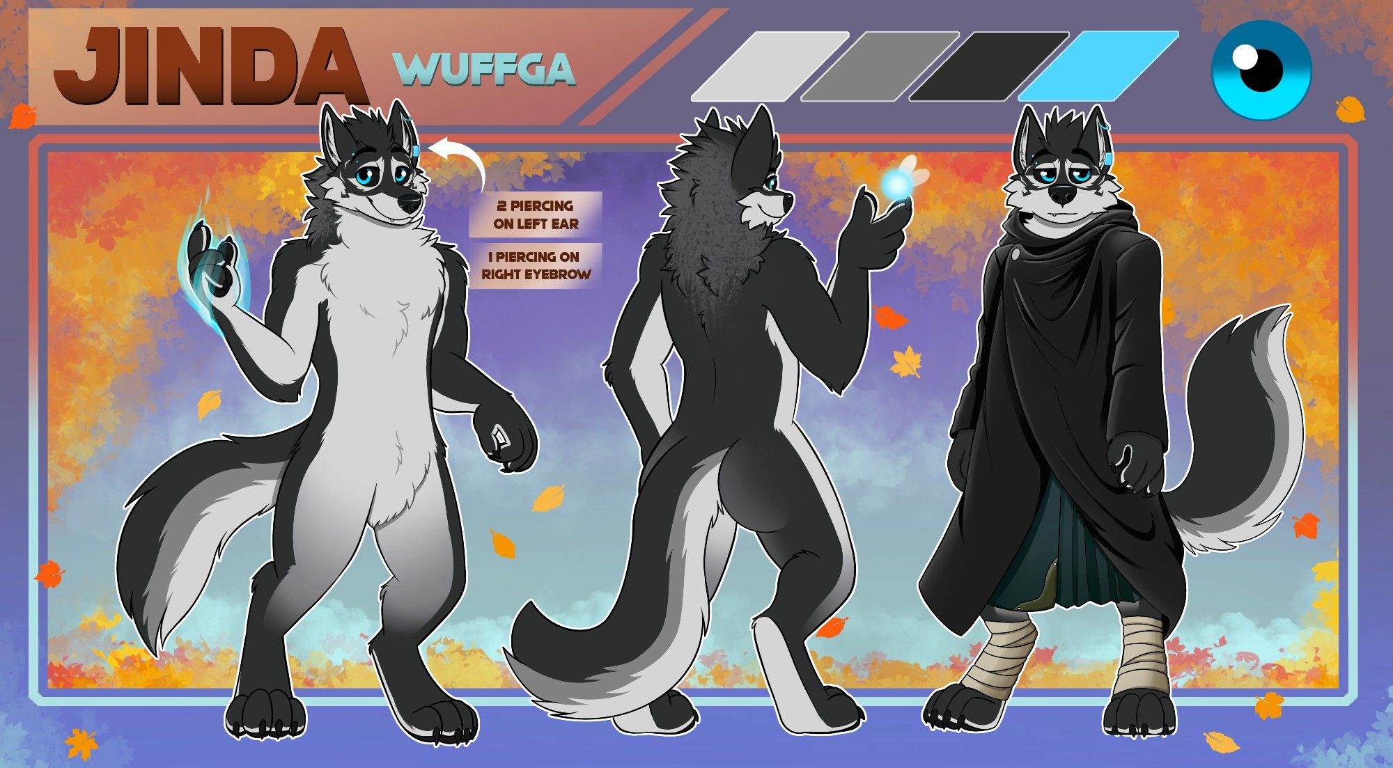 Jinda's black and white canine fursona, a wolf with blue eyes and blue piercings. In the forward-facing picture, they are wearing a tunic