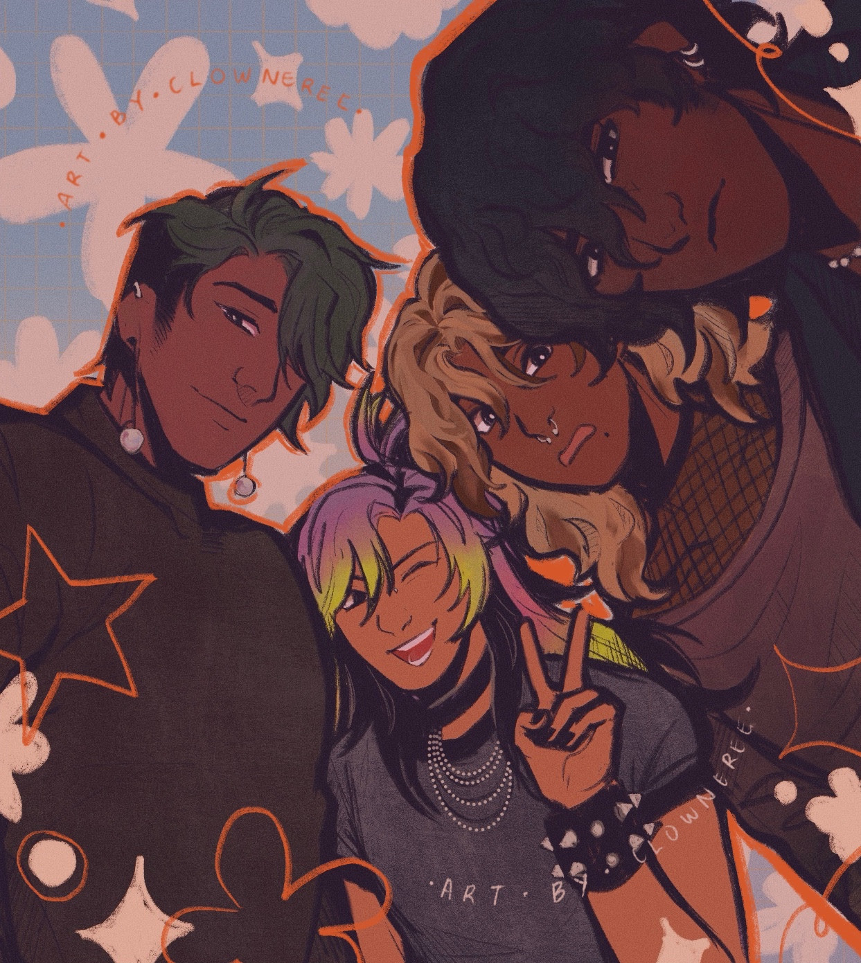 4 characters in a vintage pop style-inspired poster. The background has flower and star shapes against a pastel blue. There are orange accent shapes all over the poster. 

From left to right: Zahn smiling (short dark green side-swept hair with pearl earrings and a turtleneck), Acacia with a peace sign (purple to green ombre hair in a ponytail in casual goth attire), Levy surprised (blonde mullet wolfcut with dark roots showing, dressed in a punk outfit), and Indraj with little emotion (black unstyled hair resembling a short mullet). 