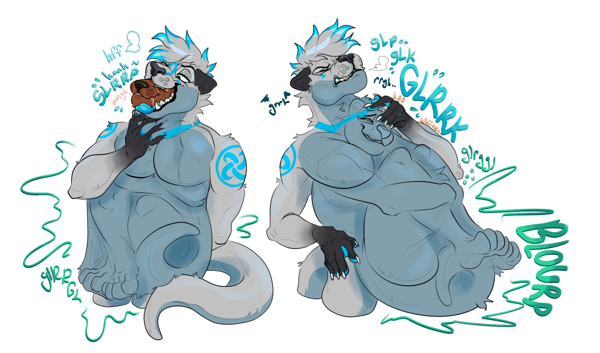 2d colored illustrated furry vore art showing an otter wolf anthro swallowing down an otter anthro. His body is skintight to those bulges, all of the details of the otter in his throat and belly shown in detail as they stretch out that otter, first panel showing him in the wotter's muzzle and the second showing him bulging out his throat fully 