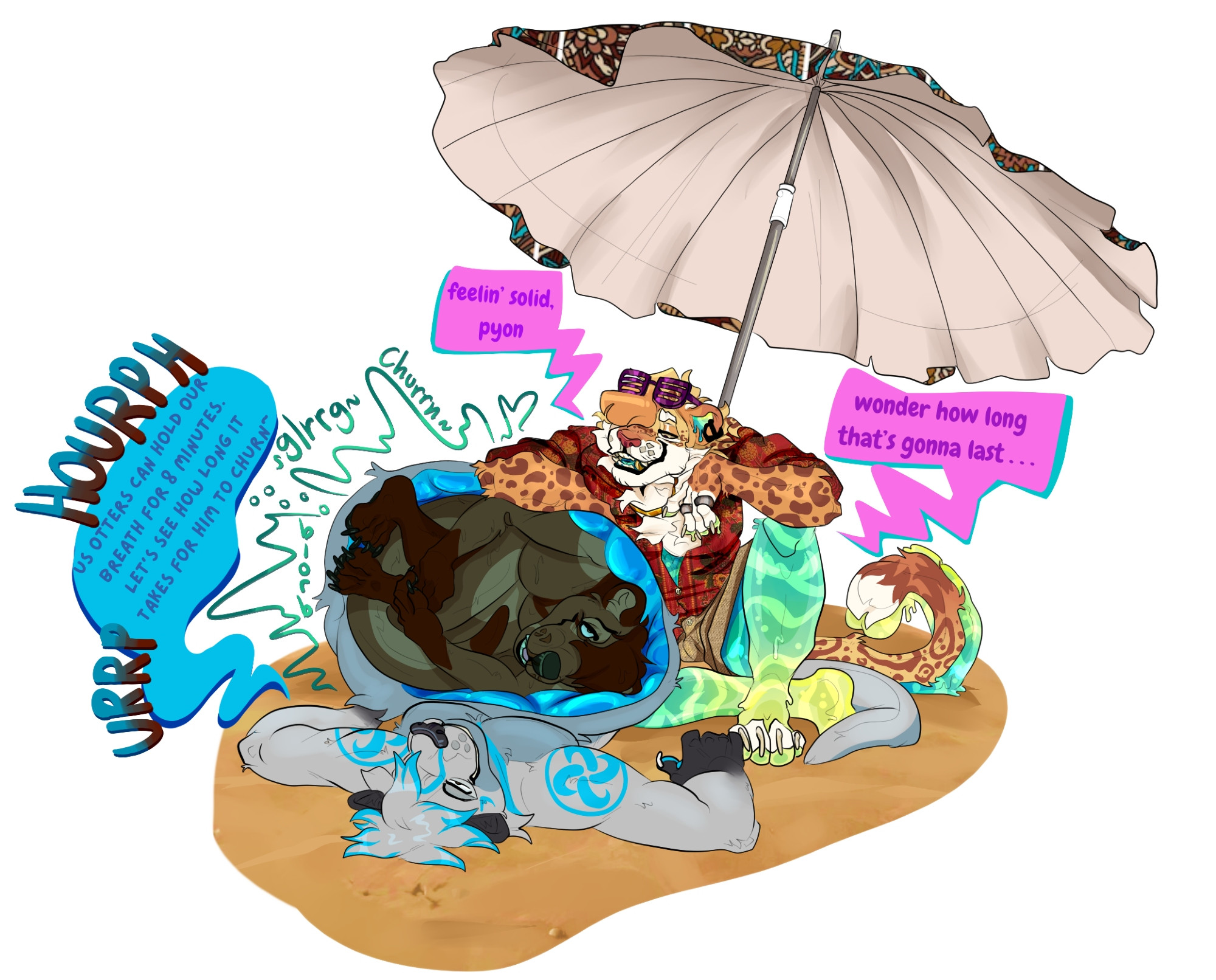 In this one, the otter wolf from the previous image is laying on the beach under an umbrella, an internal cutaway of his gut showing the otter curled up inside. The artist, a jaguar, is there as well, teasing that gut and the otter inside saying "feelin' solid, pyon, wonder how long that's gonna last"