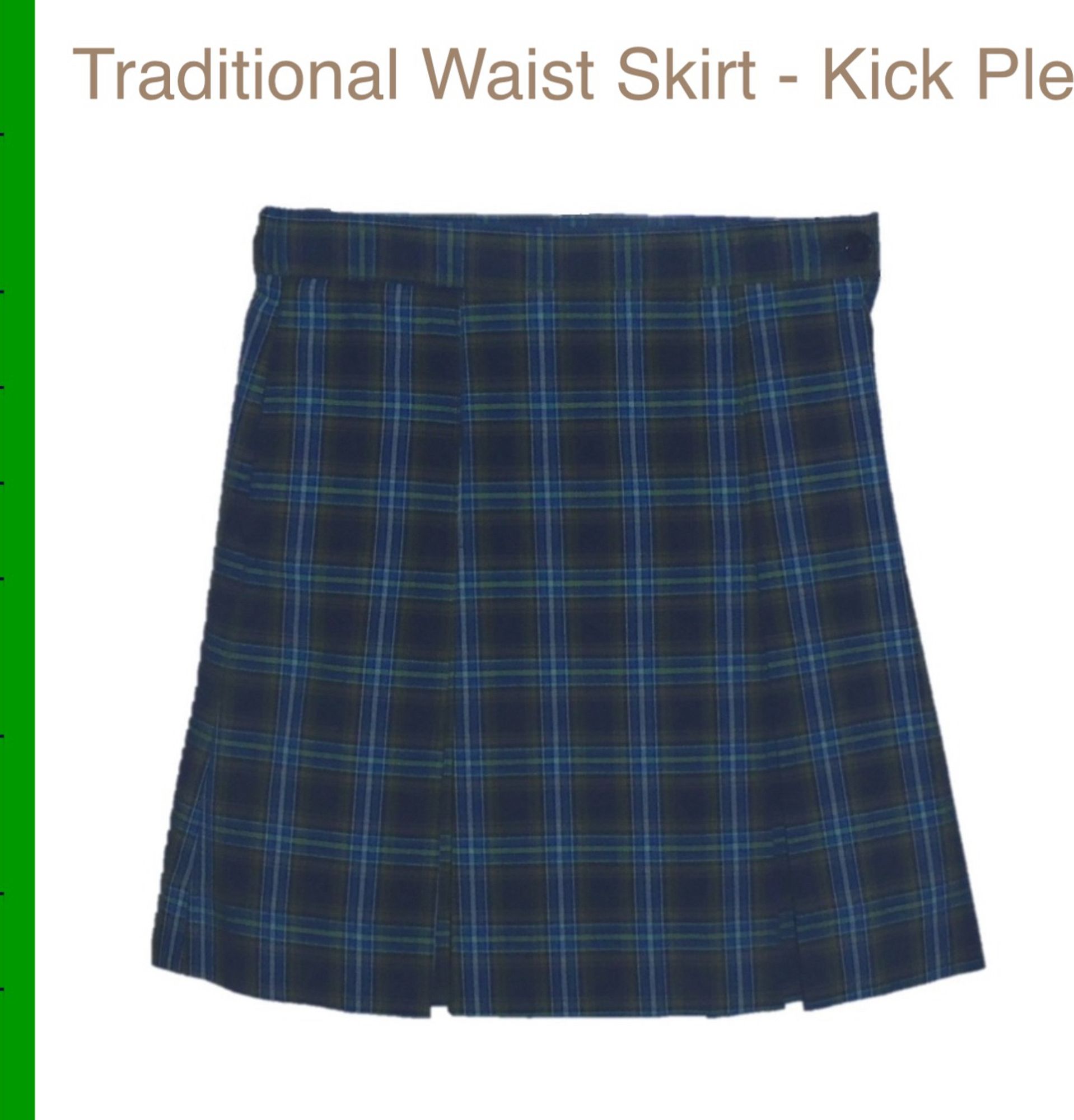 A blue and green tartan plaid skirt on a uniform store’s website