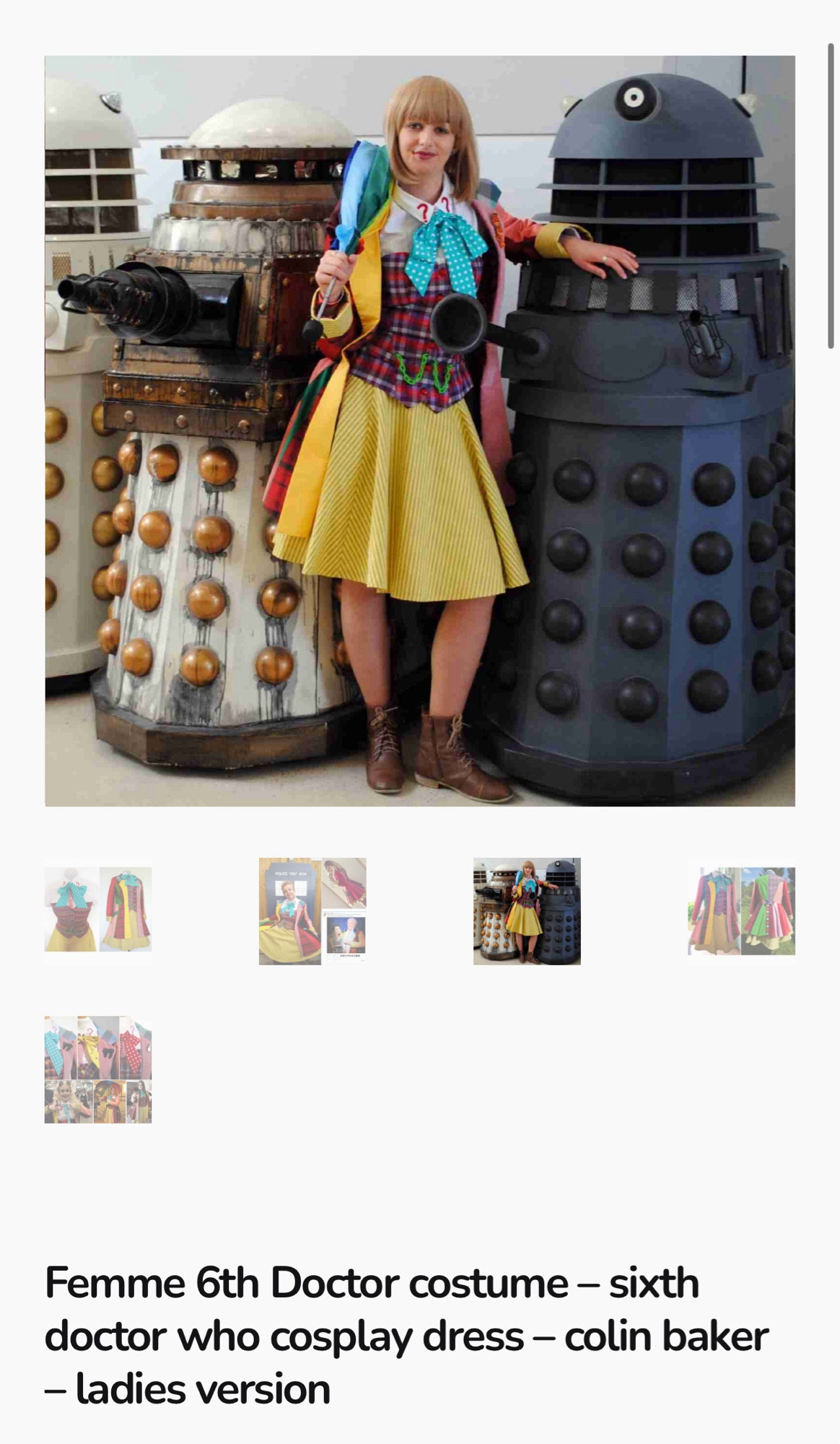 “Femme 6th Doctor costume - sixth doctor who cosplay dress - colin baker - ladies version” - with a photo of a blonde lady in the multicolored 6th Doctor outfit, standing with three Daleks