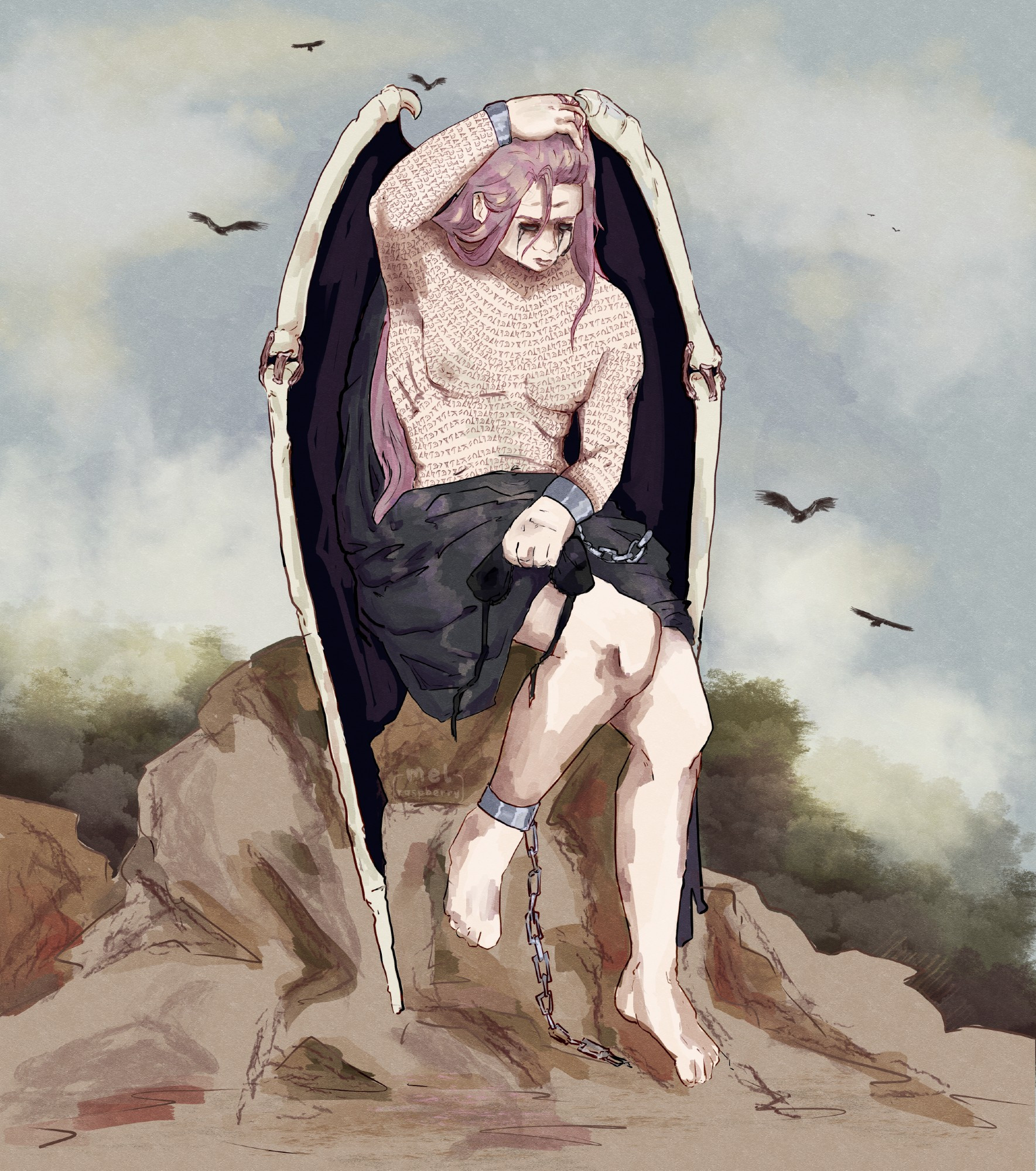 art of a painting-styled fallen angel with skeletal wings and long pink hair wearing chains sat on a rock in front of a cloudy background