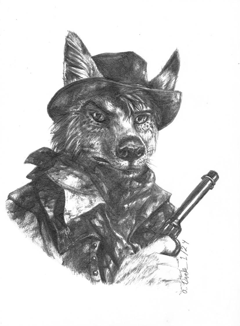 Pencil drawn and shades image of a canine dressed as a cowboy and holding up a gun