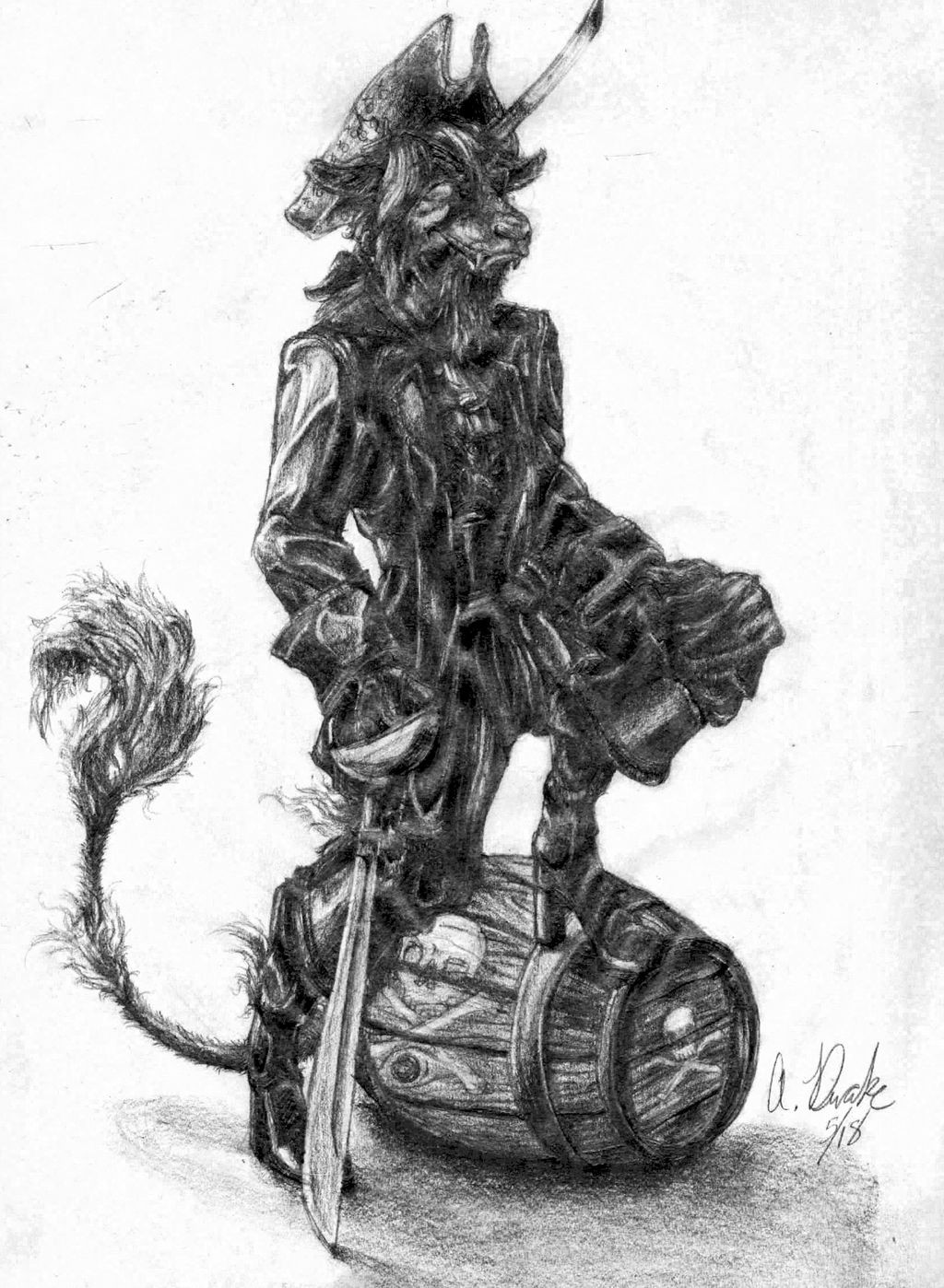 Pencil drawn image of a black unicorn dressed as a pirate with one hoof resting on a barrel and leaning on a sword.