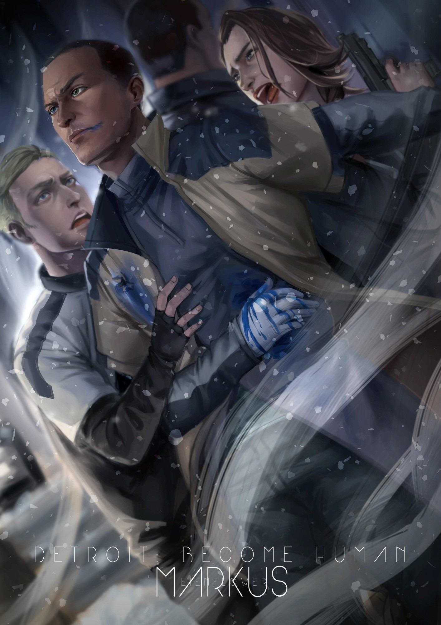 Markus shielding his team as he bleeds blue from his side as strips of smoke goes through them. North is behind him holding a gun, shouting in distress. Simon, also in distress, at his side holding Markus up.