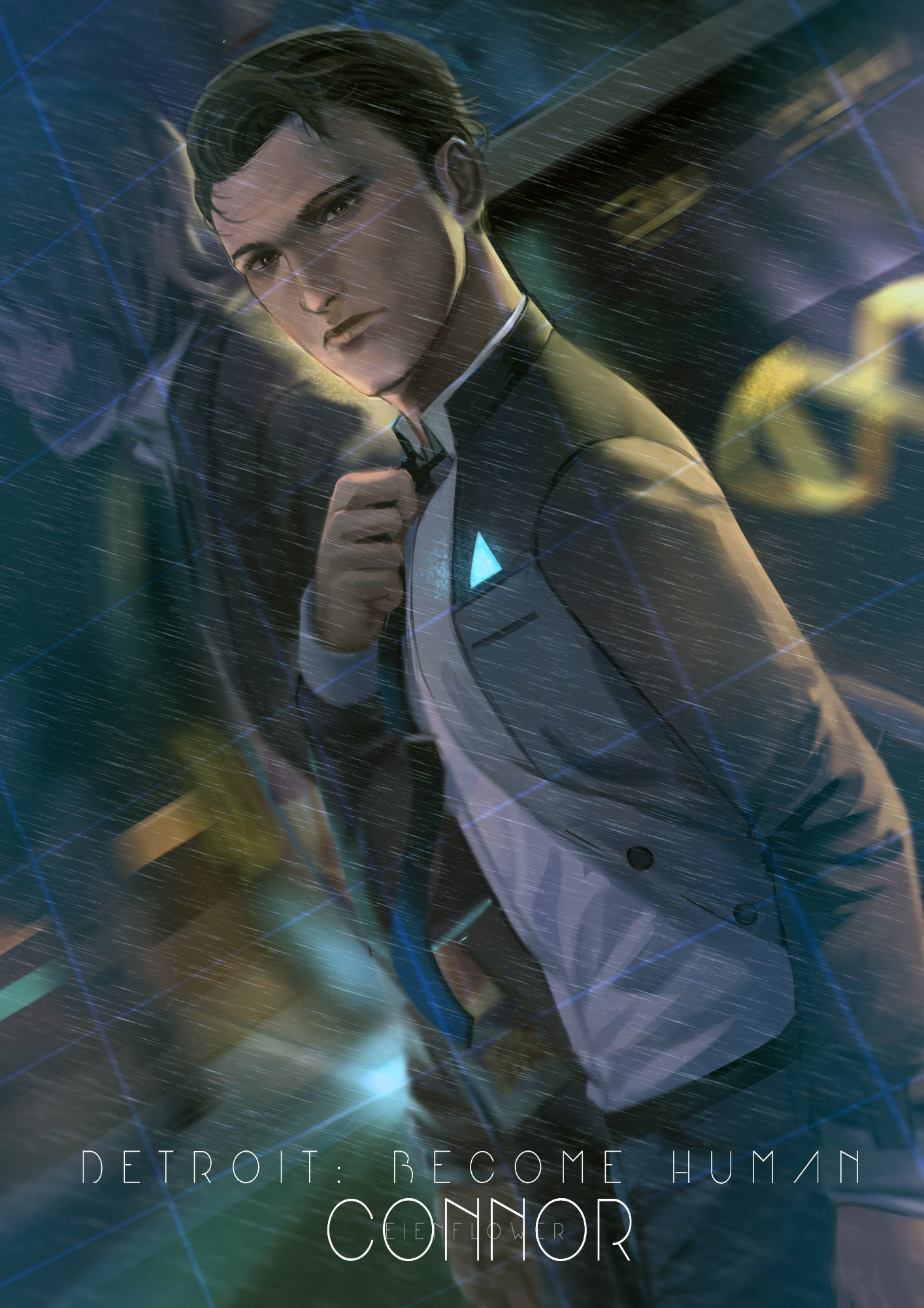 Connor adjusting his tie, looking onto the viewer, as he walked against the rain with Hank beside him. The background is blurry suggesting movement.