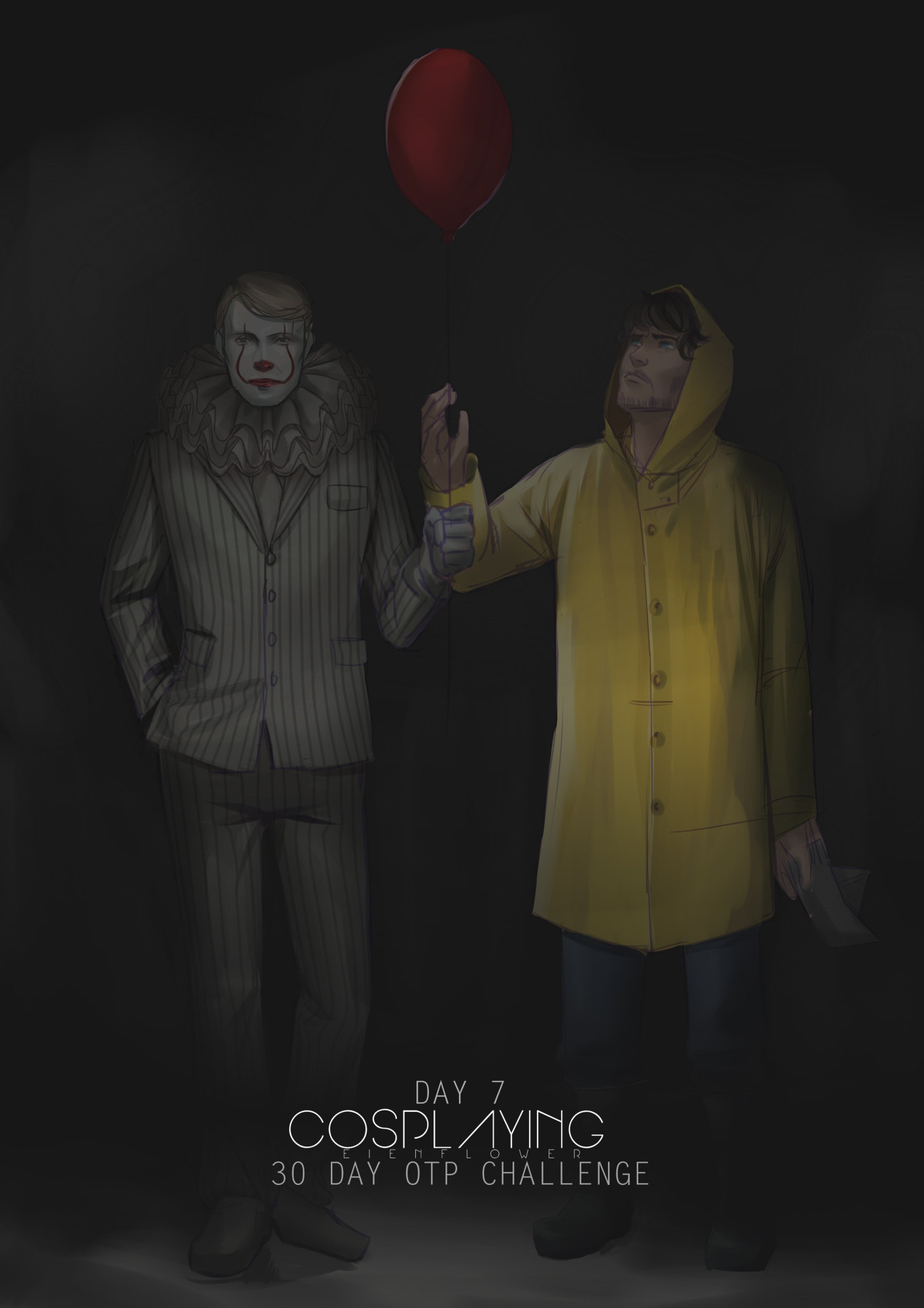 Hannibal cosplaying as Pennywise from IT, along with the red balloon. And Will as Georgie with the yellow raincoat. 