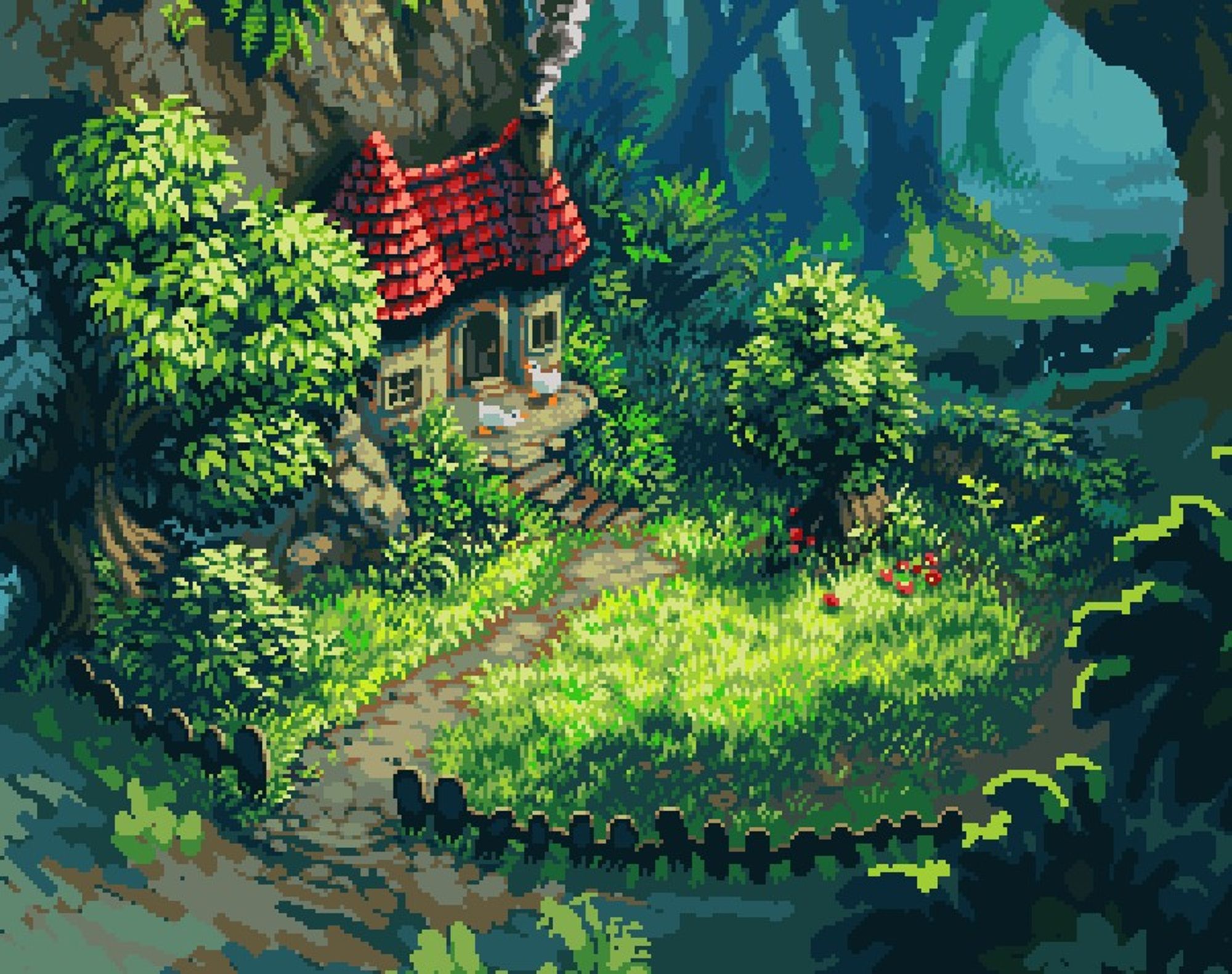 Current (as of this post) work-in-progress pixel art piece featuring a house in a forest clearing.