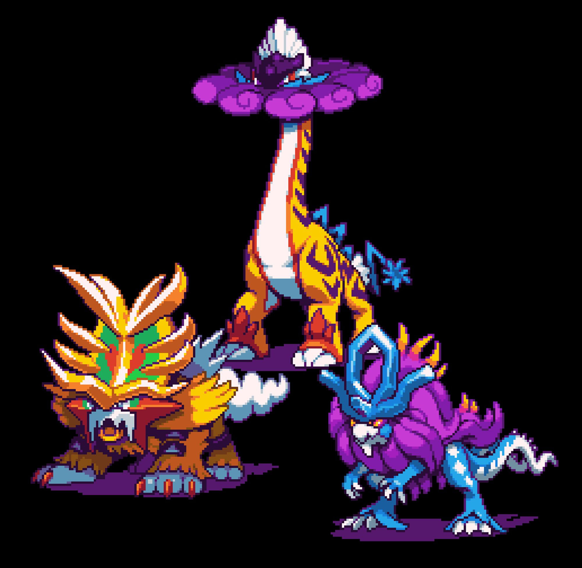 Pixel art of the Paradox beasts Gouging Fire, Raging Bolt and Walking Wake from Pokemon Scarlet and Violet.