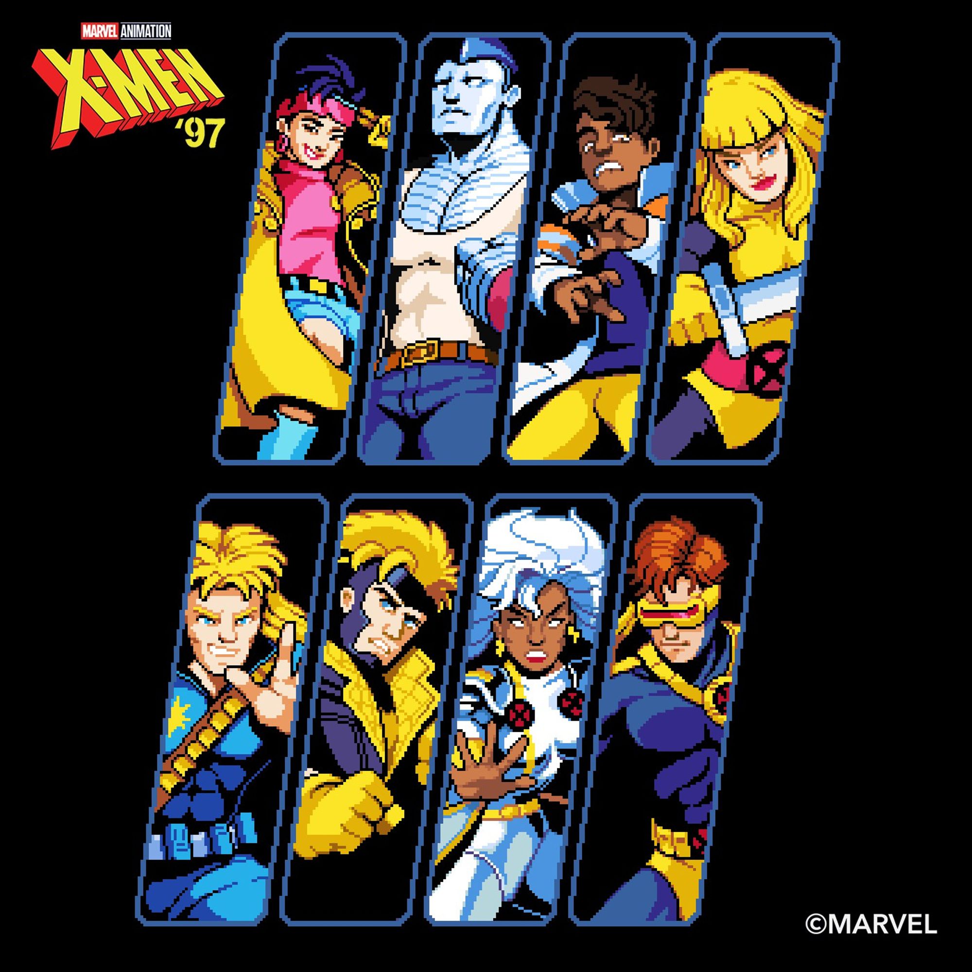 Character portraits done for Marvel's X-Men '97 show. It features in clockwise from top-left: Jubilee, Colossus, Roberto/Sunspot, Magik, Cyclops, Storm, Havok and Longshot