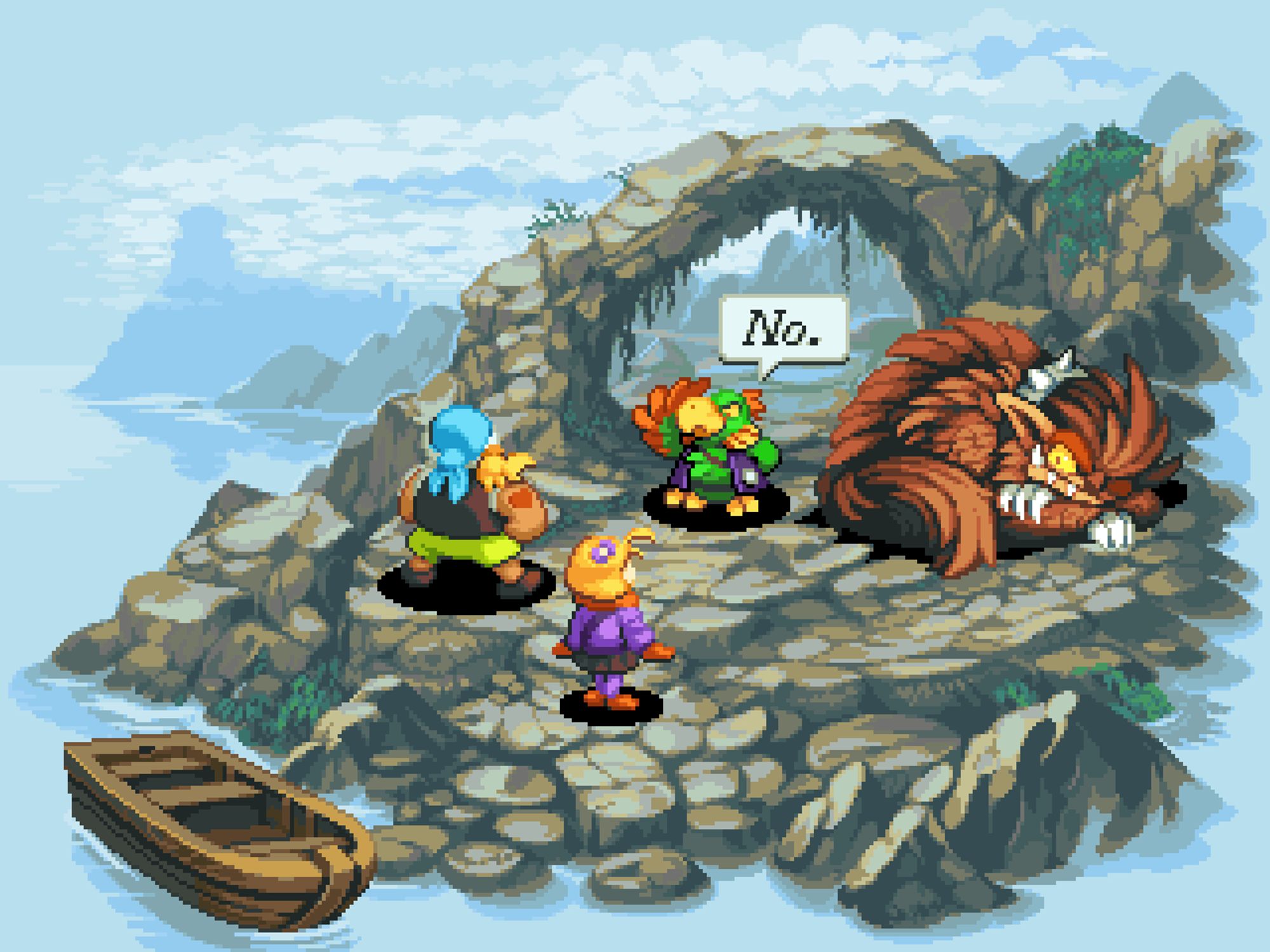 A coastline pixel art scene. Two people are standing on the coast, while a parrot very firmly says "No." to them while blocking their way through a stone archway. A shaggy monster eyes them from one side as it sleeps.