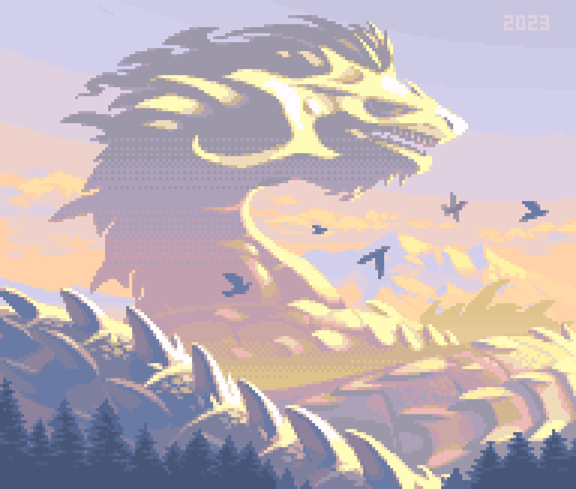 Pixel art depicting Jourmangandr, the Midgard Serpent from Norse mythology. It is a colossal creature that sits high above the surrounding mountains and forests and stares out into the sun. Birds are flying past it in the foreground.