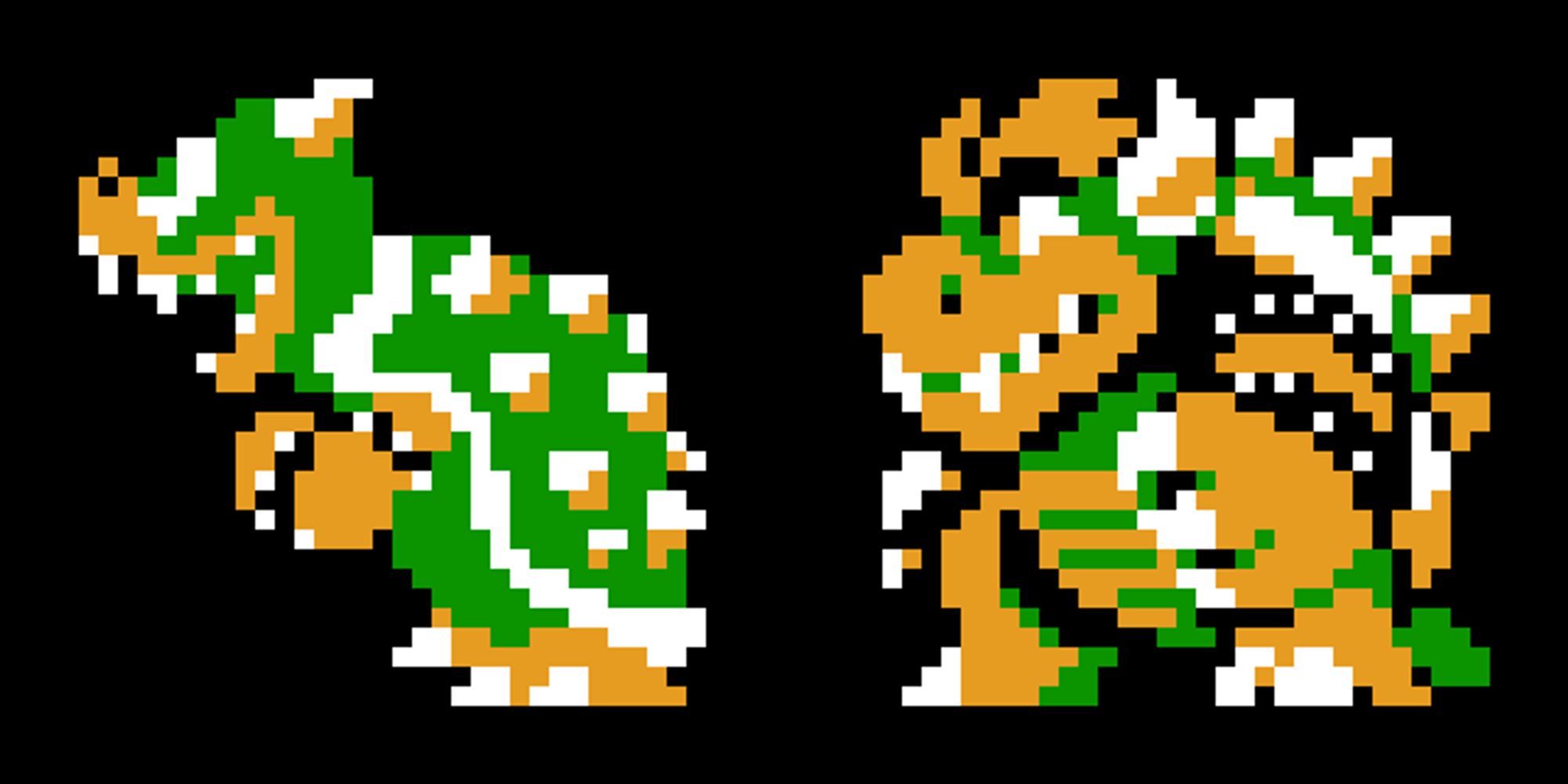 Pixel art of two versions of Mario's archenemy Bowser. On the lest is the version of his sprite as it appeared in the 1985 game Super Mario Bros., on the right is my redesign using the same palette and same limited sprite size of 32x32 pixels.