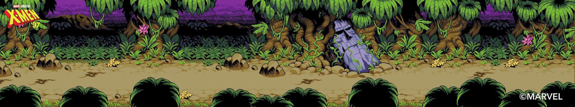 Panorama pixel art of the background made for the Savage Lands stage in the Rise of Jubilee game for X-Men 97's episode "Motendo". It is a jungle landscape with a cloudy purple sky with a dirt path passing directly through it. A half buried and overgrown statue of Garokk is one of the background features.